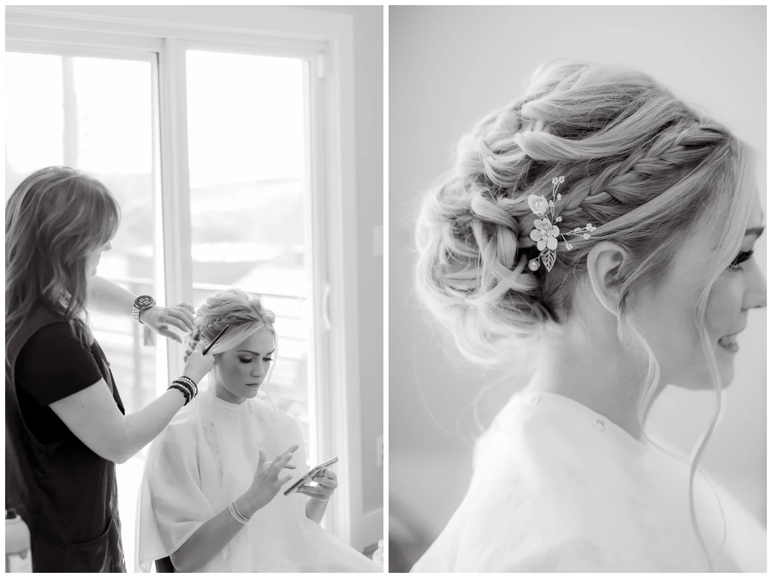 Black and white image of a bride getting her hair done on her wedding day at airbnb in mount adams, Cincinnati.