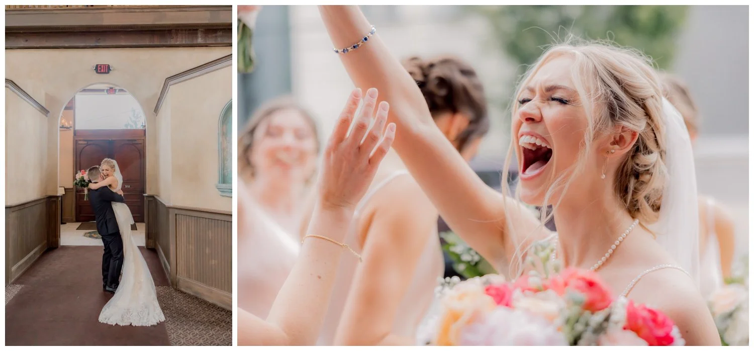 The bride yelling out of pure joy and happiness after her wedding ceremony.