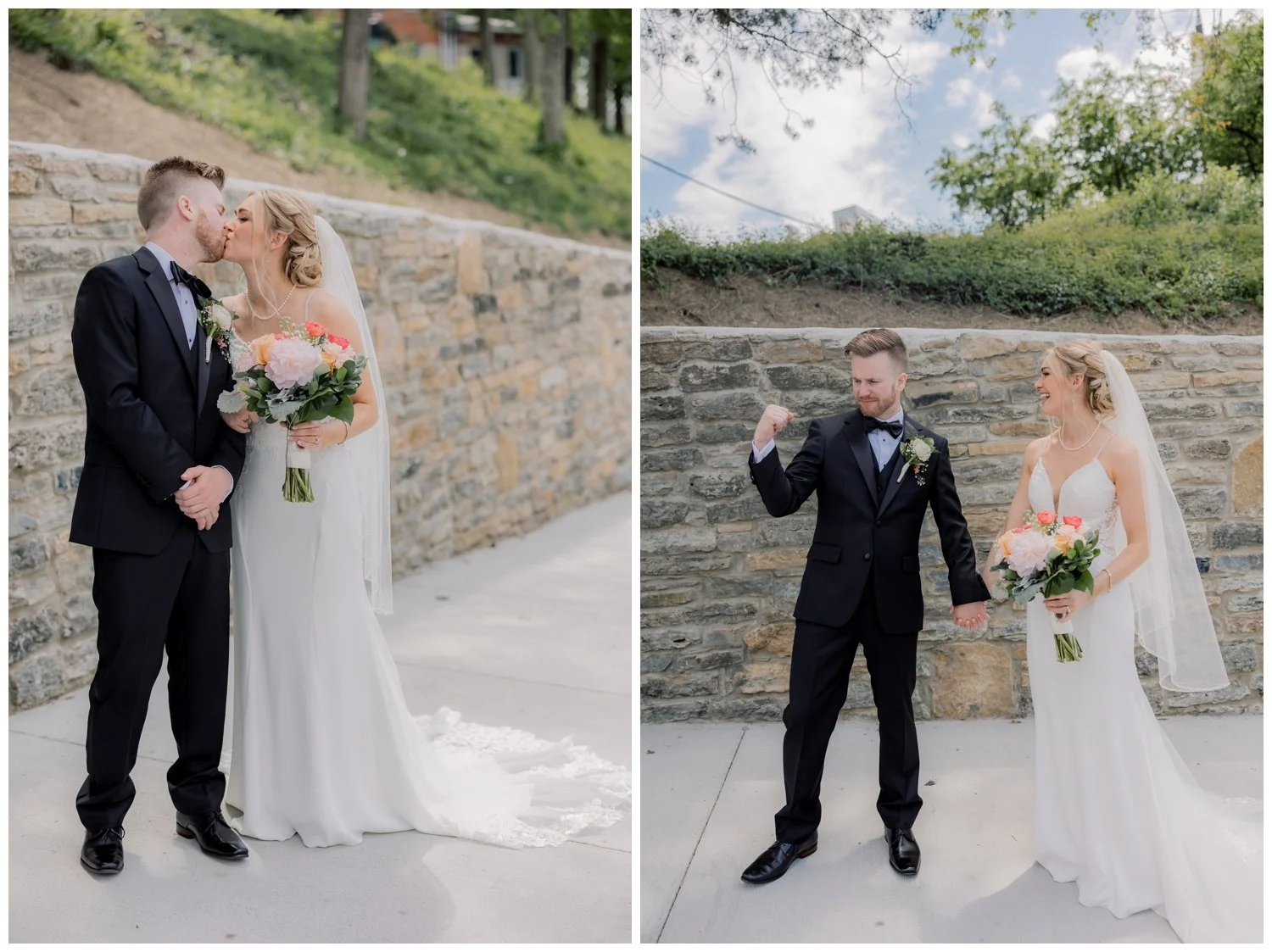The bride and groom kissing and interacting on their sunny wedding day in Cincinnati.