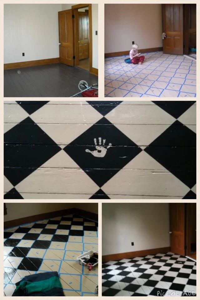 Painting a floor! I didn't go simple I decided to do a checkerboard pattern on a diagonal. It isn't perfect, but brings the character of the old pine floors out. The middle picture is our daughter, Moya's, handprint, which is at the entrance. I am extremly proud that my husband uses that as a background for his business cards, Mendota office sign & on his business web site for Forest City Behavior. He works long hours serving the Developmentally Disabled population in Illinois & Wisconsin. So it was my pleasure to upgrade his home office.