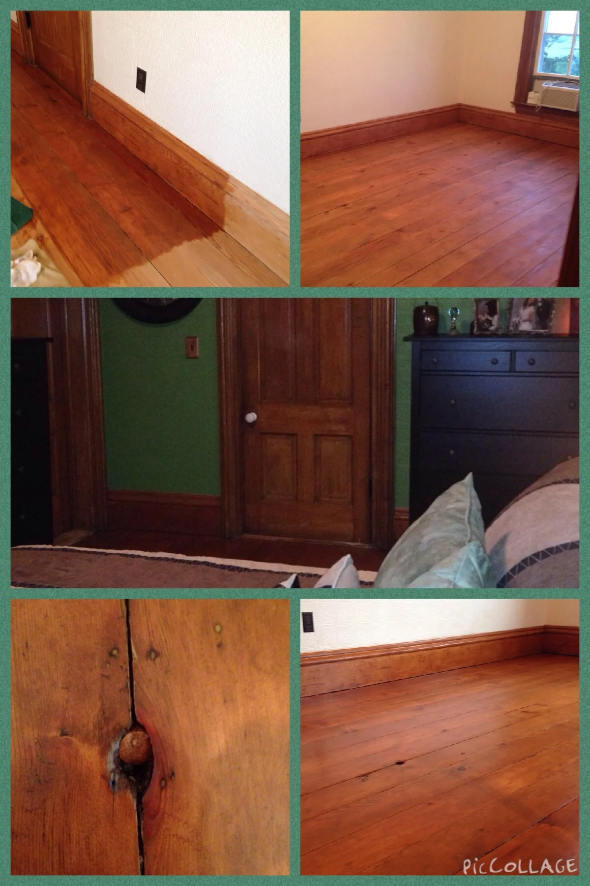 Floor in various stages of staining & polyurethane. To finish the look of the knot on the floor I took a wine cork, cut the top off, stained it & used a rubber mallet to hammer it in. Then the middle pic is the final look.