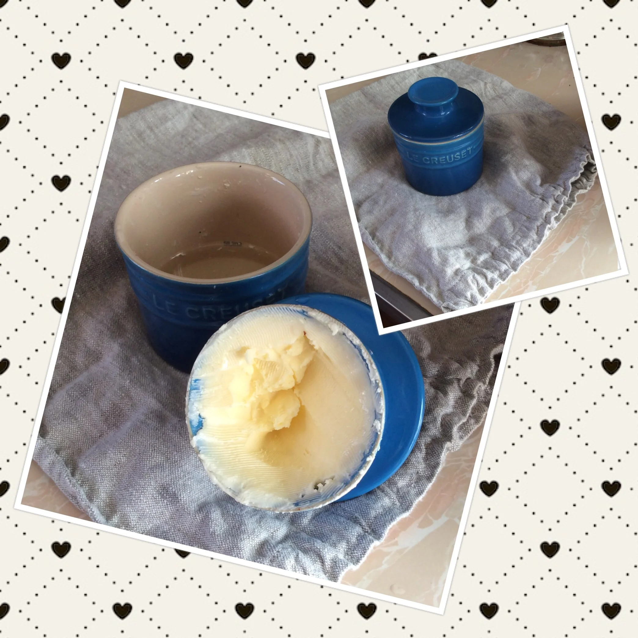 Butter crock to keep butter fresh & soft. Also a linen bread bag to keep bread crusty on the outside.