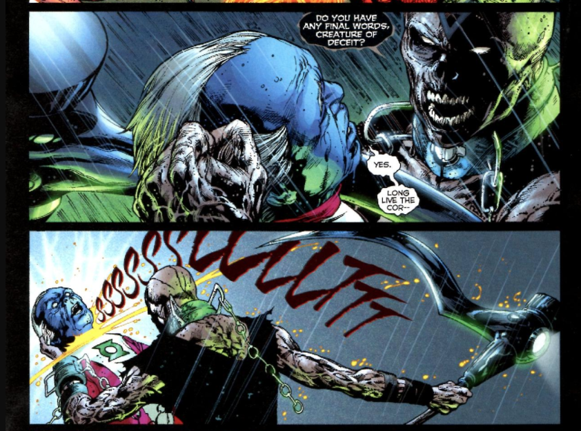 Of course, at first glance this seems like anything but a hopeful moment. The creature being slain is a Guardian, one of the immortal beings that oversee the green lantern corps. Killing him is a brutal blow to the morale and fighting power of the green lanterns, especially considering that his final words are cut off mid-sentence. The spilling of his blood also triggers the rising of The Entity, finally fulfilling Nekron’s ultimate goal. This is the All Is Lost Moment, the moment in which the villain’s plan is coming to fruition, in which death is displaying its most fearsome prowess and about to claim final victory. However, a closer reading of the panel and its place in the narrative reveals something far more interesting and hopeful. After all, the final two letter of the words “corps” are silent. Saying “cor-”, then, is functionally identical to saying “corps,” and both the other characters in the comic and those of us reading it aloud in our head actually hear the full word. In saying “long live the cor-,” before being killed, in other words, the Guardian has, for all those both within and without the world of the comic, actually completely his sentence and managed to deliver a stirring affirmation of his support for the green lantern corps even in the face of the reaper (complete with scythe-power ring for ease of recognition). When we consider how easy it would have been to cut the word off at “co-” instead, how easy it would have been to make this panel explicitly less than hopeful, it becomes even easier to defend the idea that this is a conscious choice on the part of the people making this comic. There is hope here, lurking just in sight. Considering how the word looks on the page offers even more compelling evidence that this panel is actually rife with hopeful subtext put there by its creators. Since we’ve already established that “cor” and “corps” are phonetically equivalent, cutting off the final two letters of the world can only serve an aesthetic purpose, working on our eye and not our ear. When we realize this, it becomes impossible to not see how the full spelling of "corps" is similar enough in appearance (as well as a naive phonetic pronunciation) to the word "corpse" that uncomfortable associations would have been unavoidable if the full word had appeared on the page. That it doesn't allows us to escape a complication of the hopeful message of the panel in which we'd have to confront the fact that "long live the corps" is actually visually near-identical to "long live the corpse," a phrase that would be as hopeless as any could be in this moment and is also practically the black lanterns' motto. In cutting off the end of the word "corps" in these panels, the creators of the comic allow their subtext to be unambiguously hopeful, not complicated or detracted from by any association with the death that is the enemy. Of course, as discussed last week, the macro-level course of the story will trump our close readings every time. Thankfully, the broader structure of the narrative confirms this reading of a hopeful subtext to these panels. After all, the exposure of The Entity, the direct result of this guardian's death, is the moment at which the tide turns. Without bonding with it and forming the first white lanterns, the story's heroes would have been unable to defeat the black lanterns, and all life in the universe would have eventually perished. This moment, then, perfectly epitomizes the themes of the story: there is hope even in the face of death, even in the grasp of death, even when all seems lost, and even in its darkest hour, it’s blackest night, life can triumph over death if we choose it. Long live the cor-