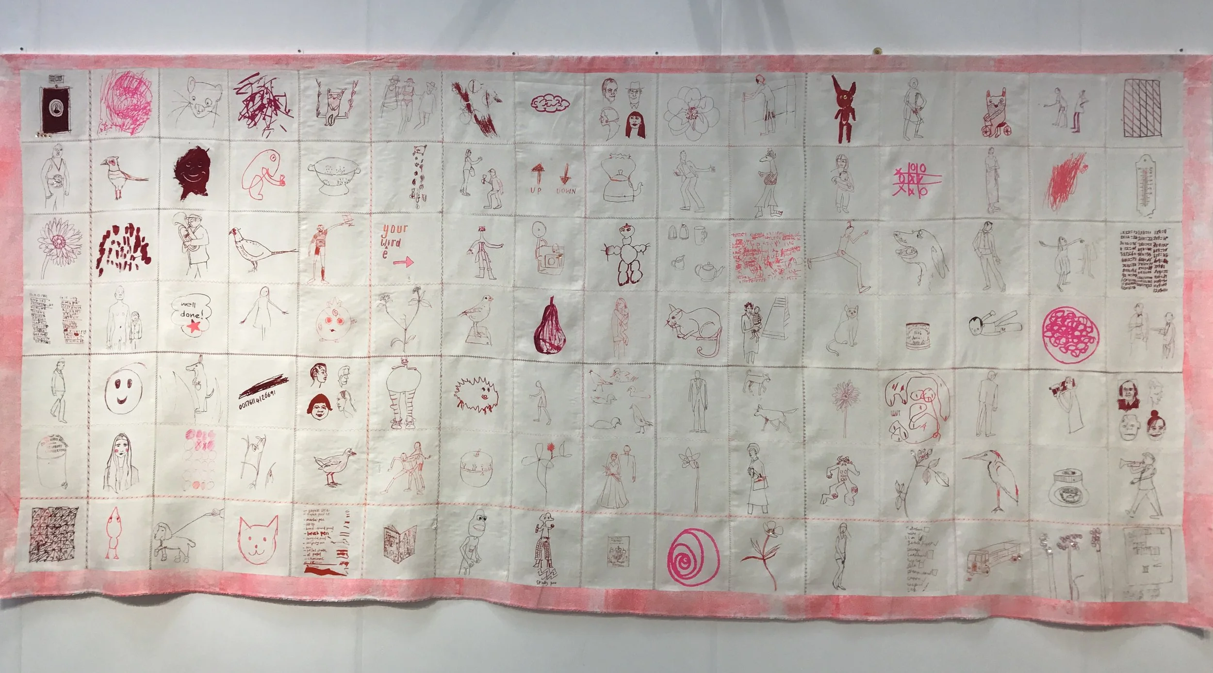  I have been a huge fan of Rachael Howard's work for a long time. Janet Twinn, my City and Guilds teacher suggested I look at her work back in, ooh about 2007, and I loved the combiantion of the playful illustrative stitch and the lightness of her work. So I was delighted to see Red Work hanging in the Fine Art Quilt Masters gallery. It is stunning, a mixture of embroidery and print, and it was a joy to look at the different patches depicting everyday images..