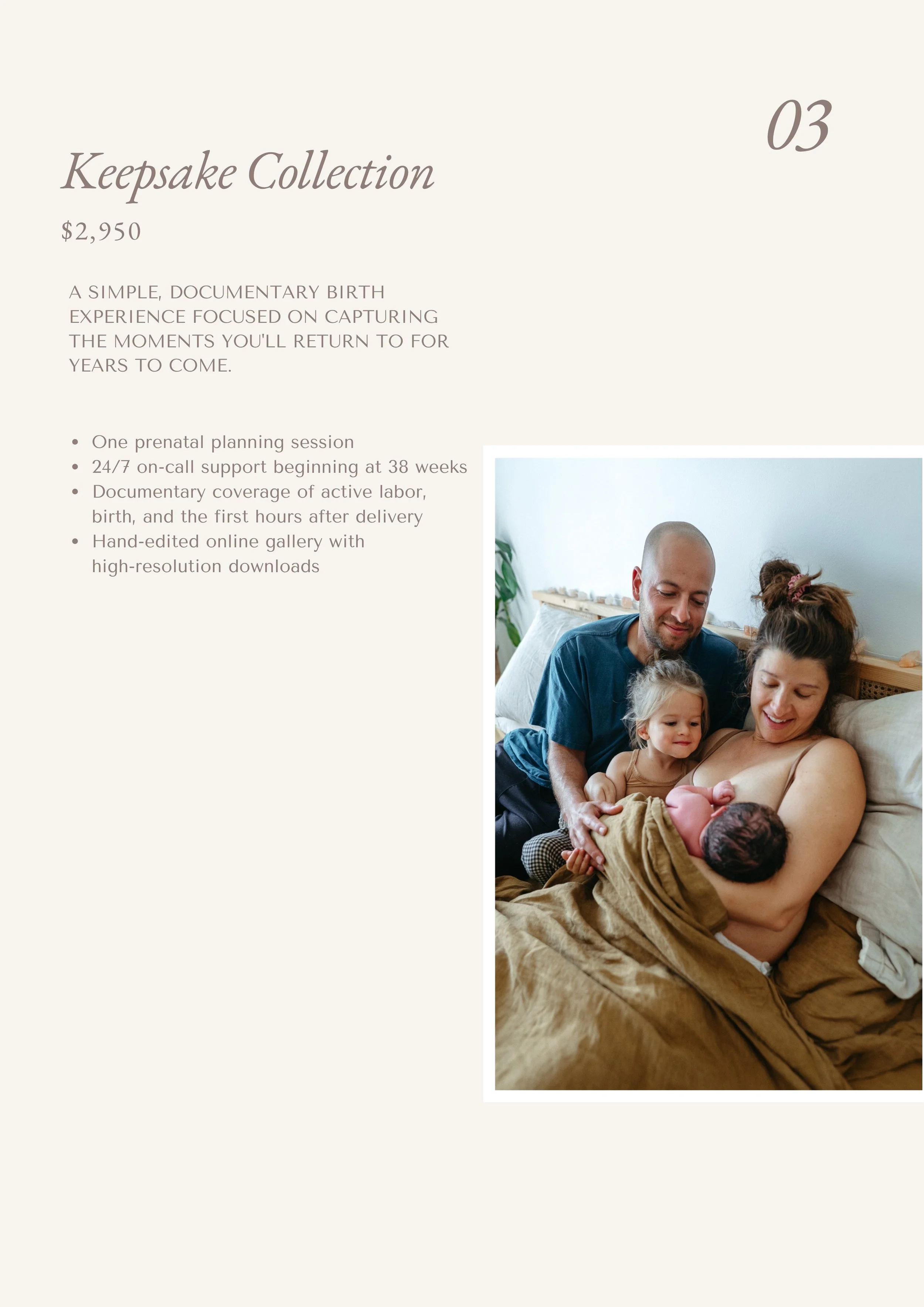 Birth photography Keepsake collection and what is included in each experience.