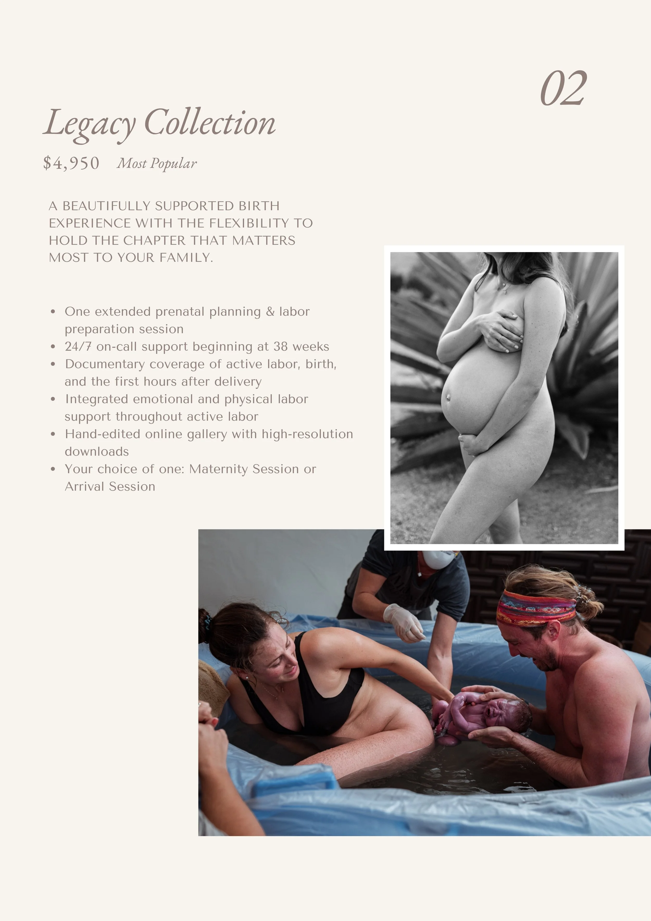 Birth photography Legacy Collection and what is included in each experience.