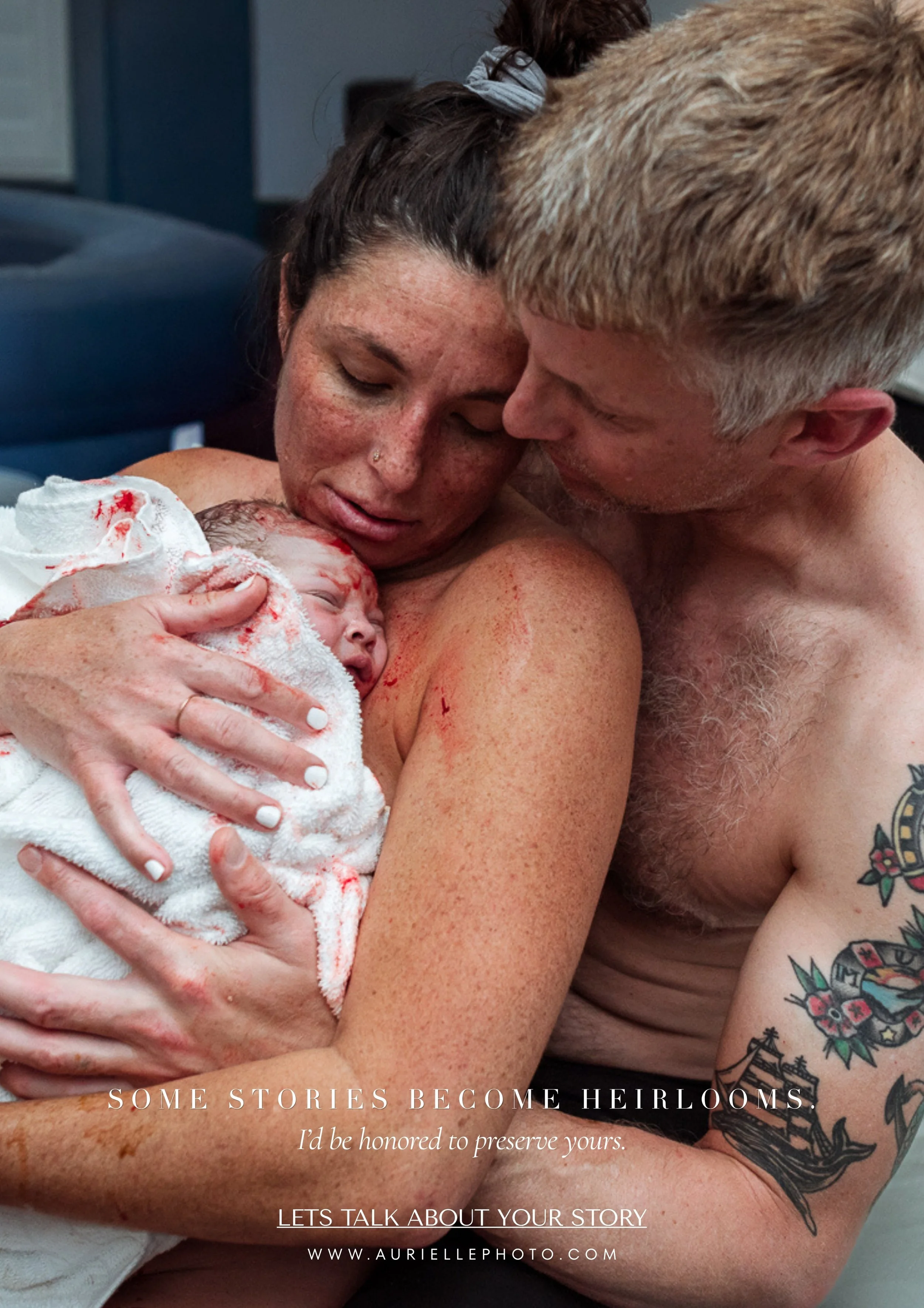 Parents holding their newborn moments after birth with invitation to inquire about birth photography.