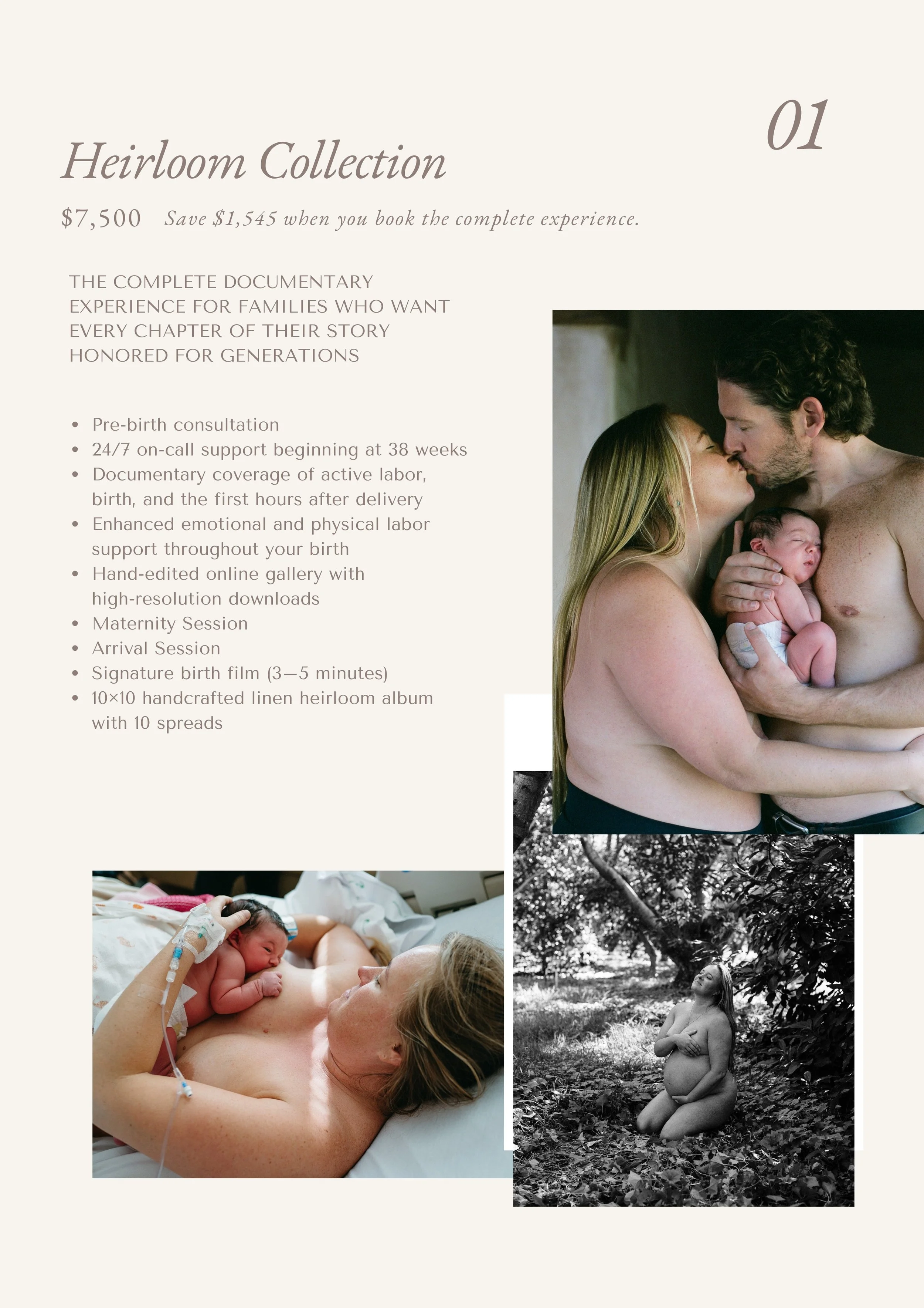Birth photography Heirloom collection and what is included in each experience.