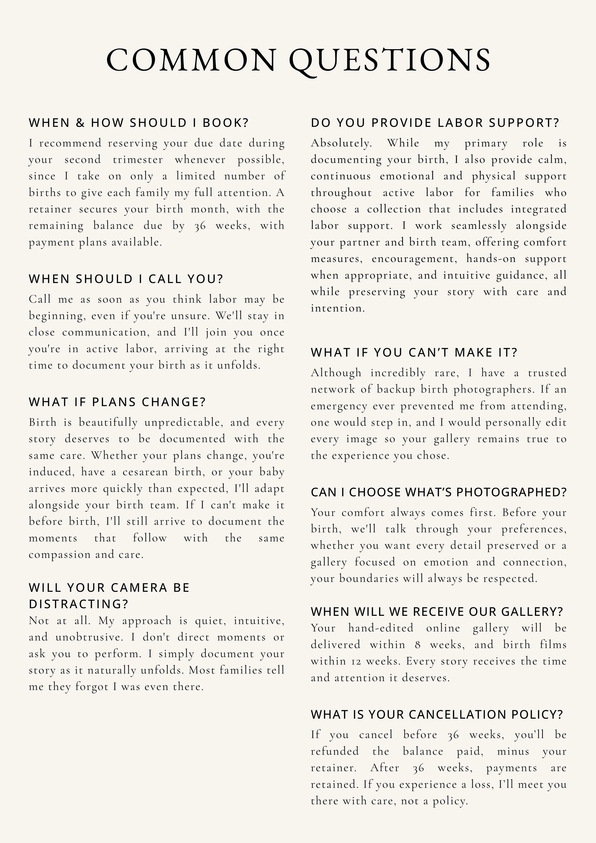 Frequently asked questions about birth photography, labor support, cesarean births, and booking.