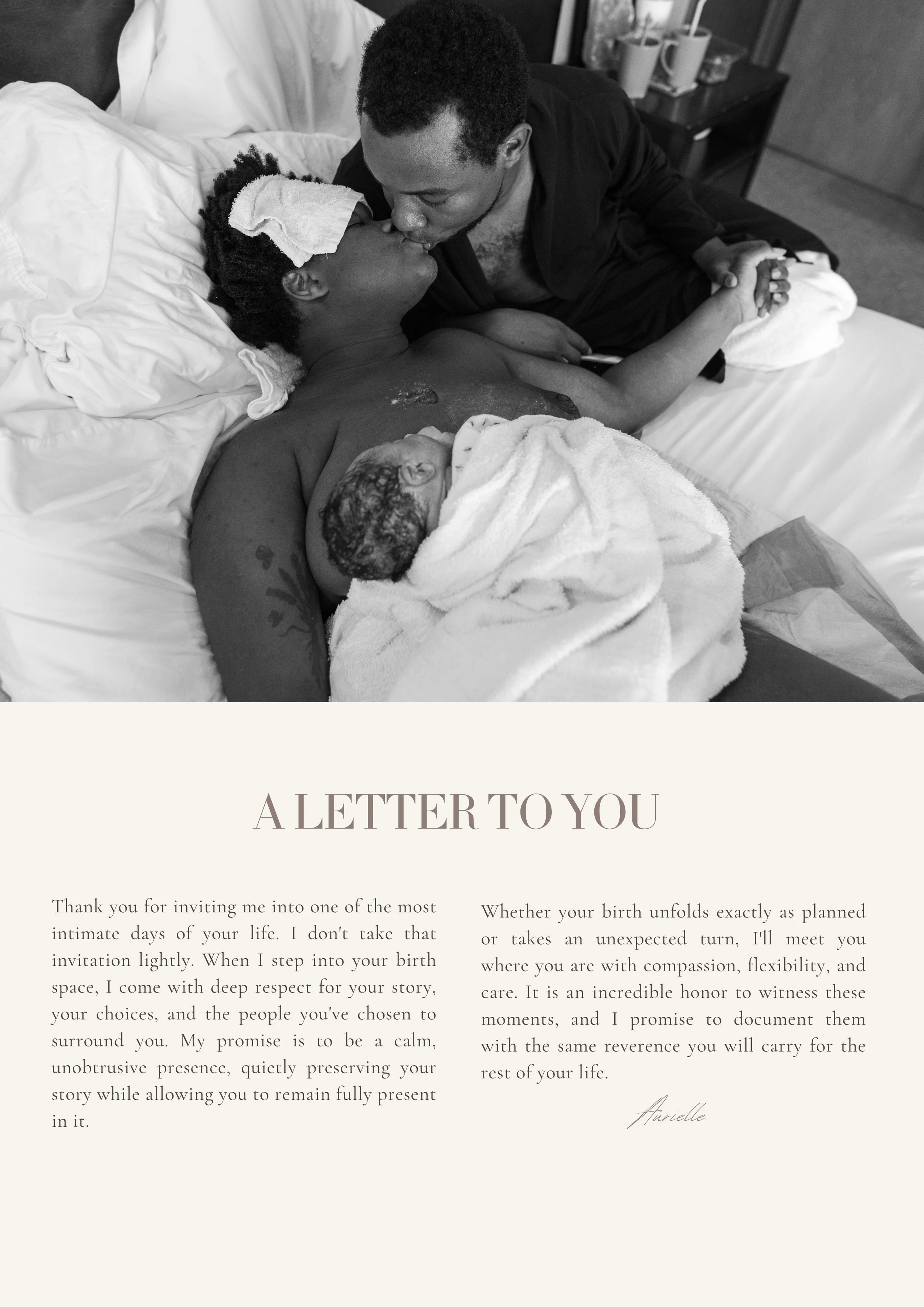 A welcome letter introducing Aurielle's approach to documenting birth with compassion and intention.