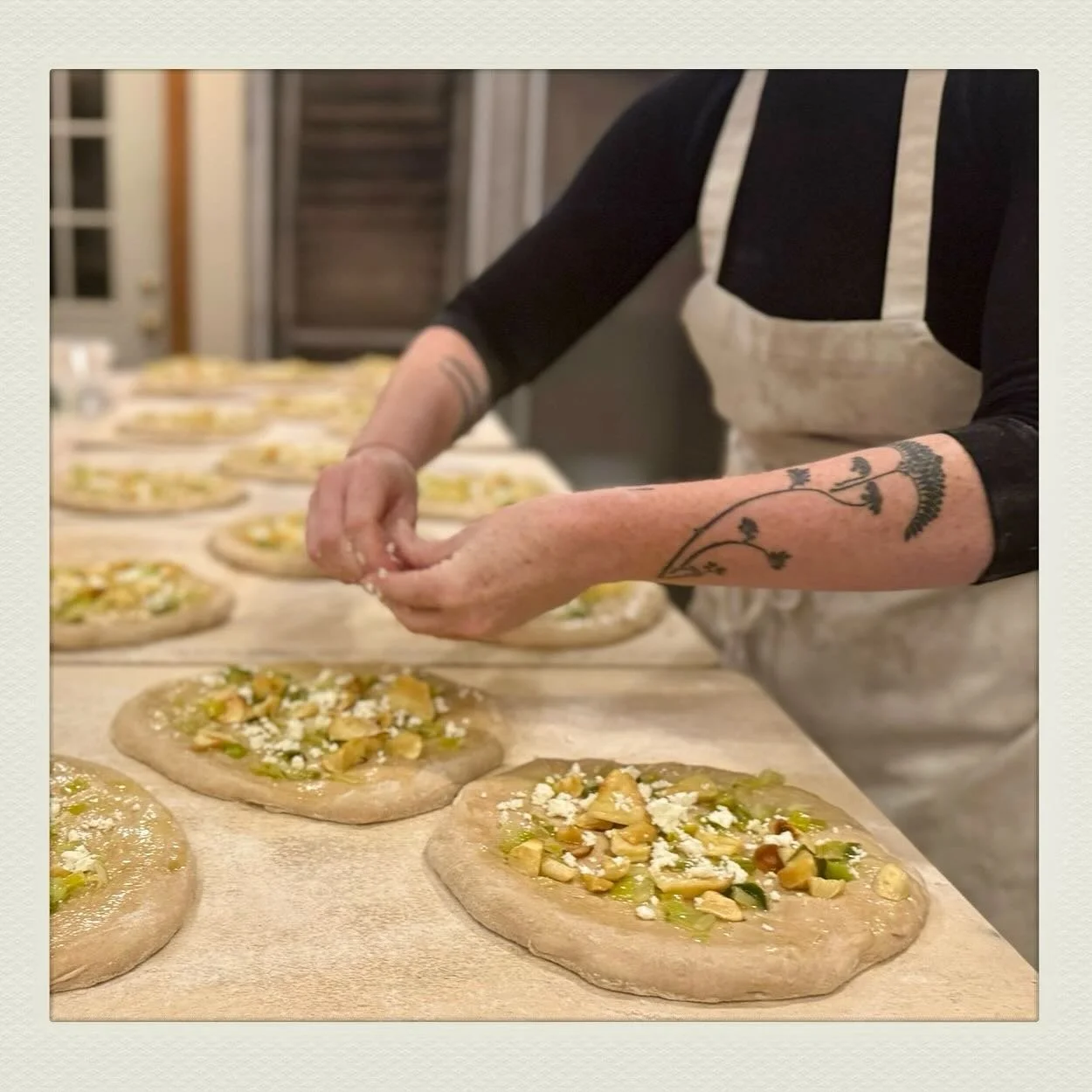 For the next few weeks we are soooooo excited to be collaborating with our amazing friends @longwinterfarmstowe!  Fridays we will be delivering focaccia (topped with their veg) to their farm stand.  This week: roasted parsnips, leeks, mitsuba (japane