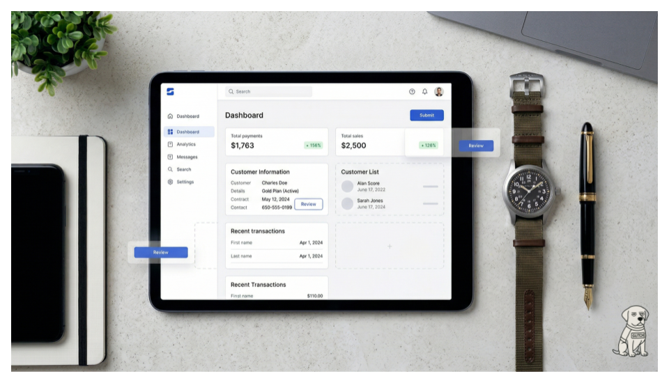 A digital interface showing financial analytics including a $2,500 total sales figure (126% increase) and $1,763 in total payments (156% increase). The interface has elements floating off the screen signifying they are changing.