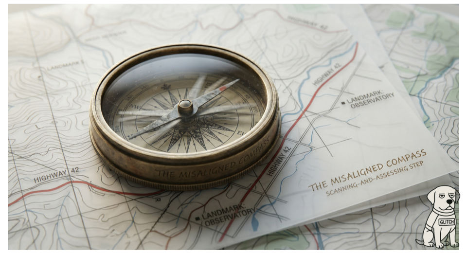 A compass and map sit on a table with the words the misaligned compass displayed on the corner of the map.