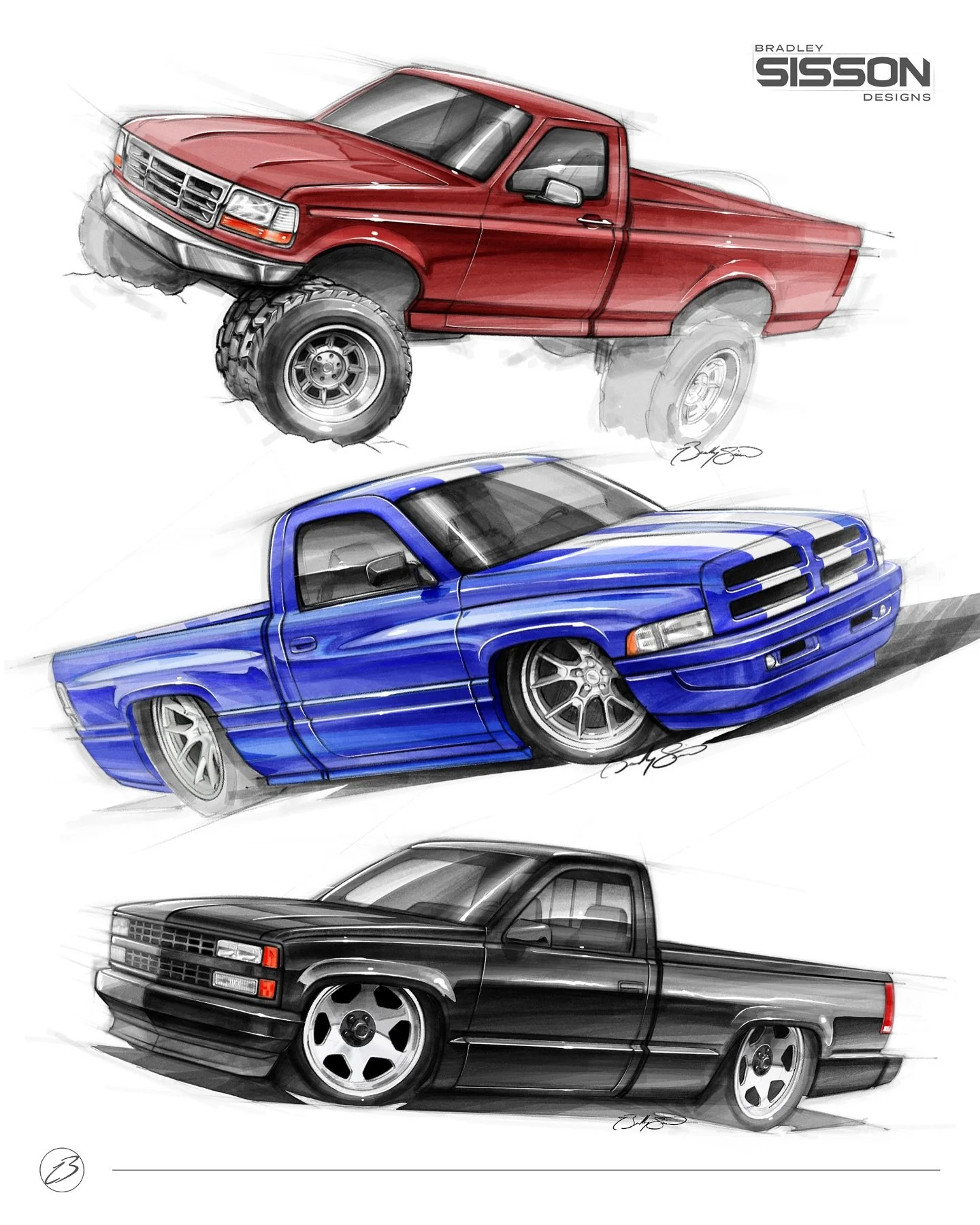 The trifecta of 90s American pickup legends, each built out in their own style 🤙🏻

I feel like this could be a print in the future, let me know if you agree! 

#obschevy #obsford #dodgeram #streettrucks #liftedtrucks #digitalart #automotiveart
