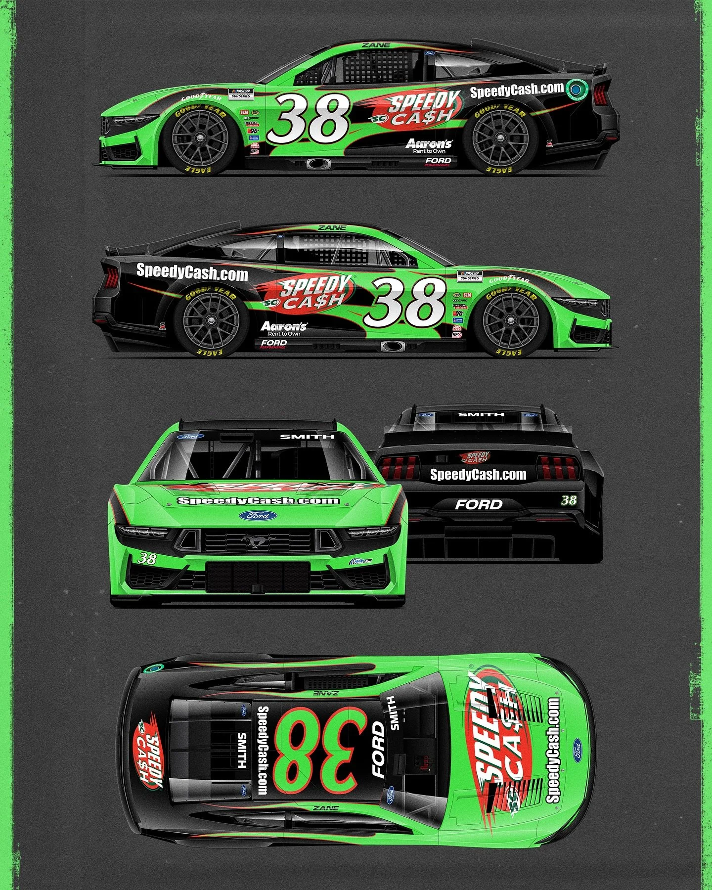 Fresh primary scheme design for Zane Smith, SpeedyCash &amp; Front Row 🎨

I wanted to stick with the flames of the past, but make them much more elegant and hot rod inspired than before.  Like green roof number because NASCAR is supposed to be brigh