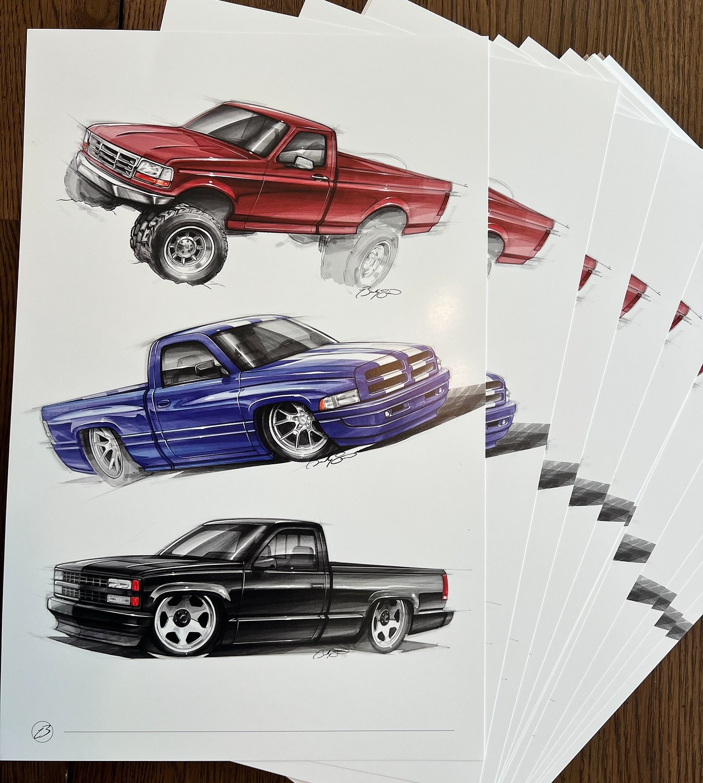 Excited to share that my first run of limited edition prints is finally available! 

I created these three sketches earlier this year with the intent of offering a collage.  The nostalgia for these iconic pickups from the 1990s is really ramping up, 