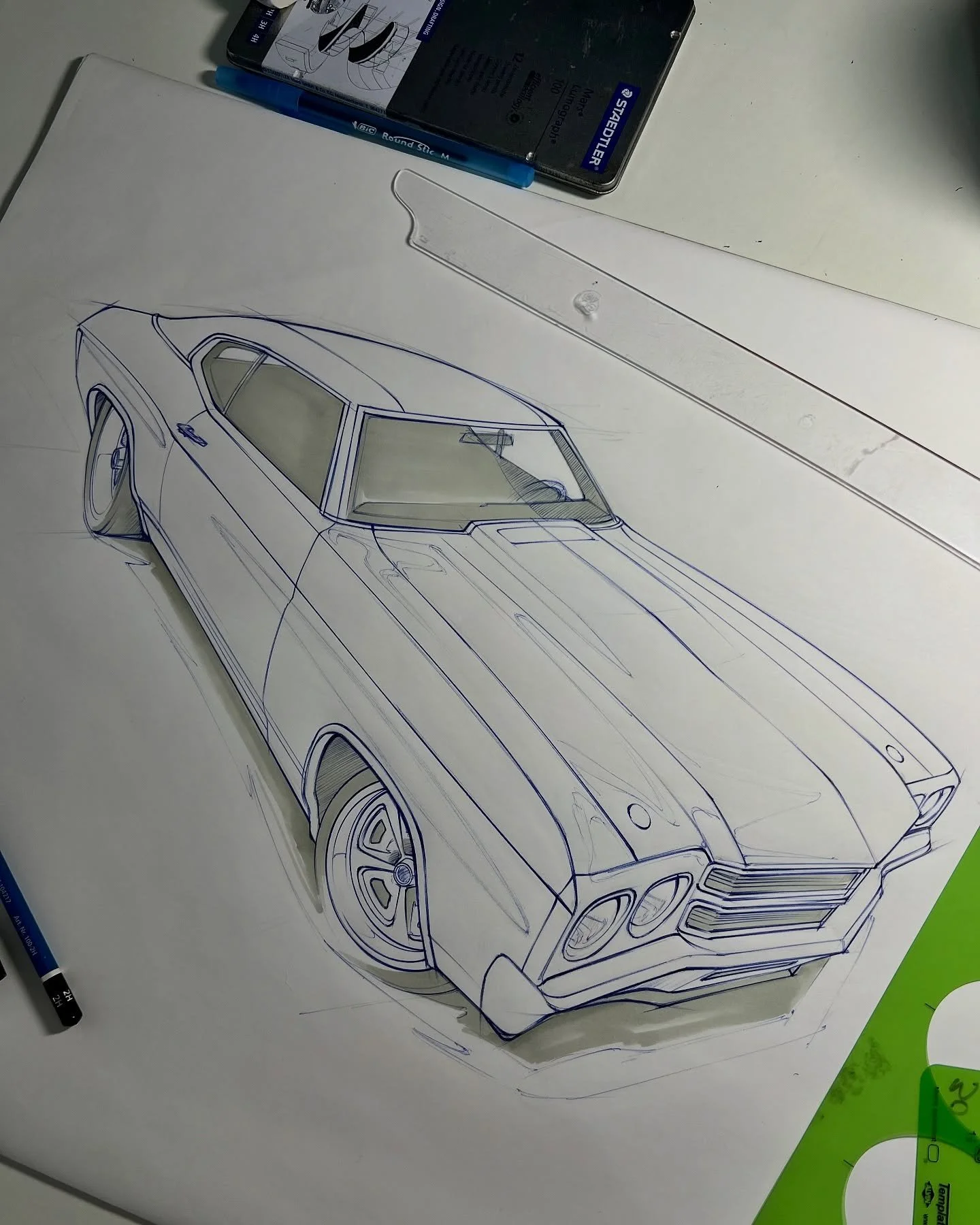 Sketching the best example of my favorite muscle car, built by @roadstershop.  Knowing me color won&rsquo;t be going down for another couple months 😅

Pencil ➡️ Bic pen on marker paper ✍🏻