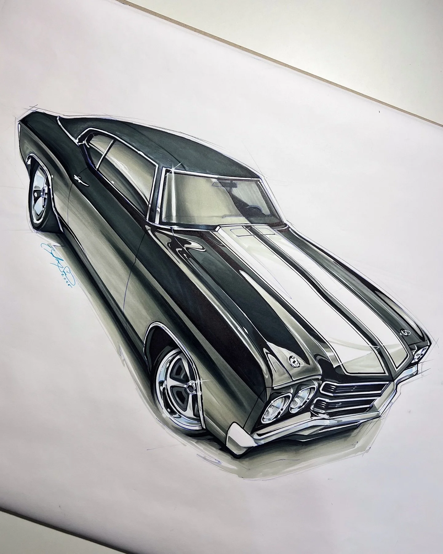 Wrapped up the @roadstershop &lsquo;70 Chevelle piece I&rsquo;ve been tinkering with recently.  In my opinion, black with white racing stripes has always been the best factory look, and RS perfected it on this build. 

Ballpoint pen, Chartpak AD mark