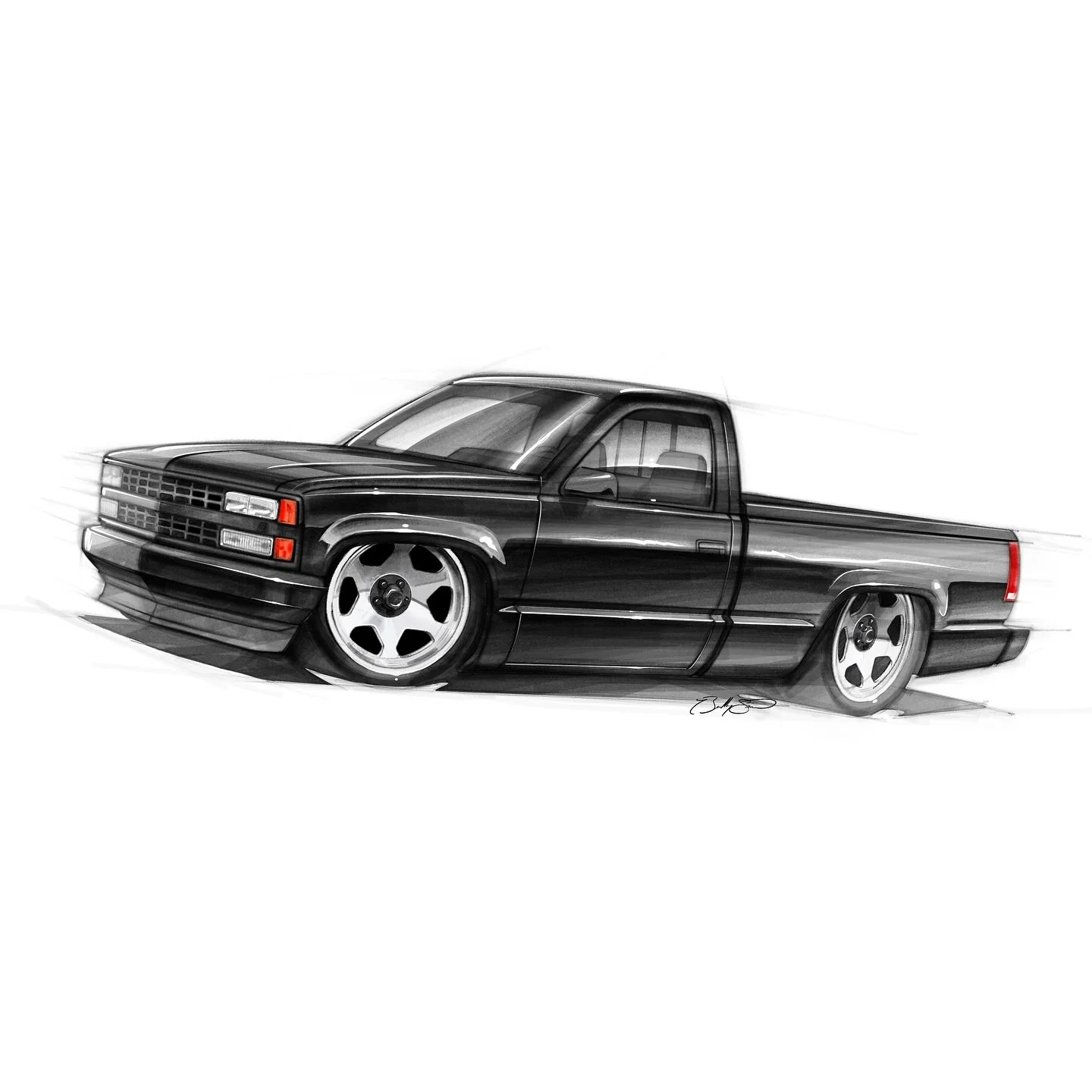 Wrapped up the third and final piece from my 90s pickup series, OBS Chevy dropped on oversize 454ss billets.  Drawn on my iPad in @procreate ✍🏻

#obschevy #chevypickup #chevytrucks #454ss #sketch #rendering #artist #digitalart #automotiveart