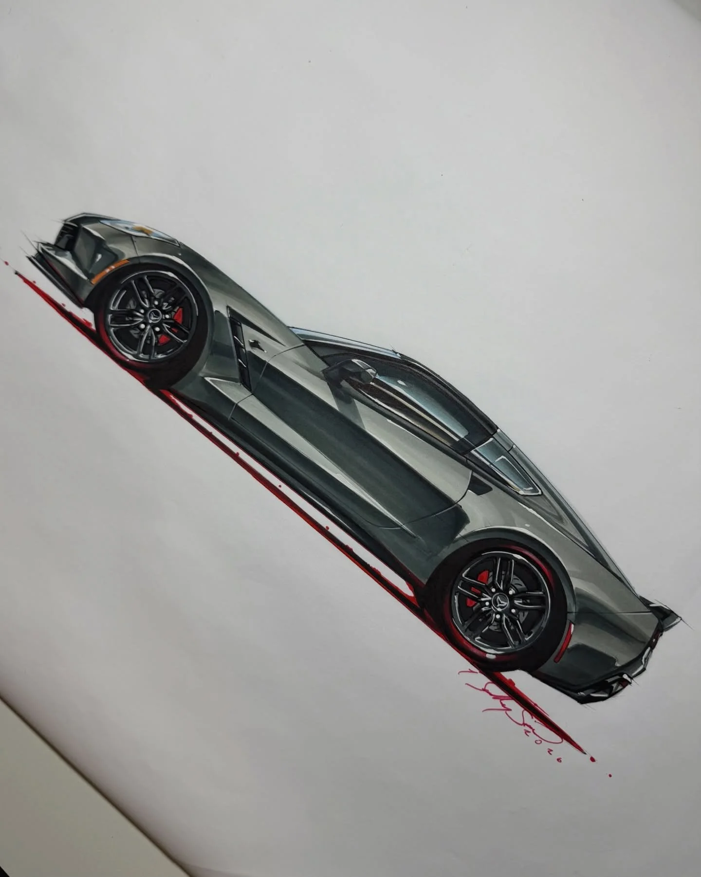 Finally wrapped up Dad&rsquo;s C7 Stingray.  Ballpoint pen, Chartpak AD markers with white gouache highlights on marker pad.  Thrilled with how clean and tidy this one turned out ✍🏻
