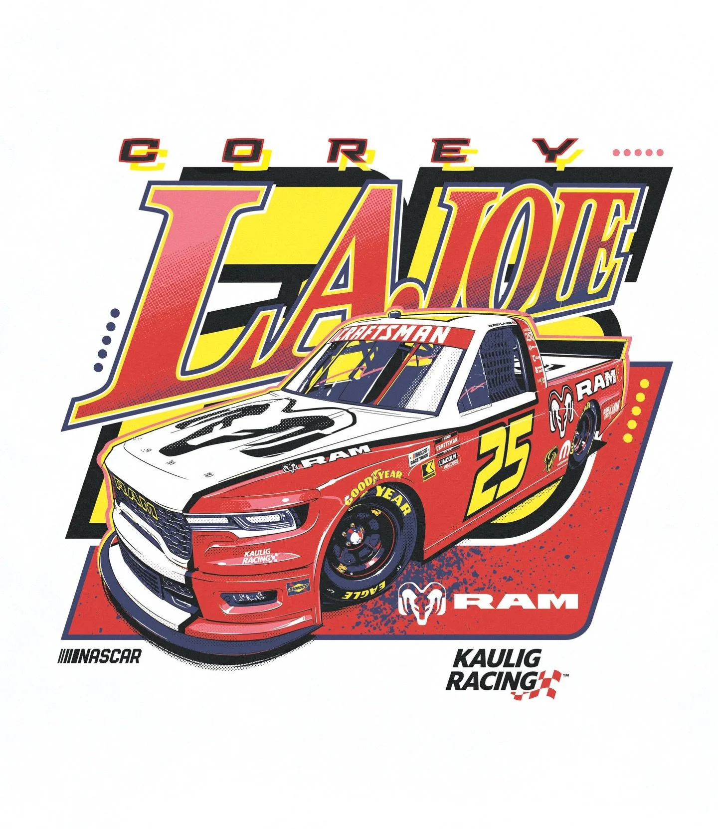 Recent artwork created for Corey LaJoie&rsquo;s No. 25 throwback Ram at Darlington 🎨

#nascar #illustration #graphicdesign #merchdesign #vectorart