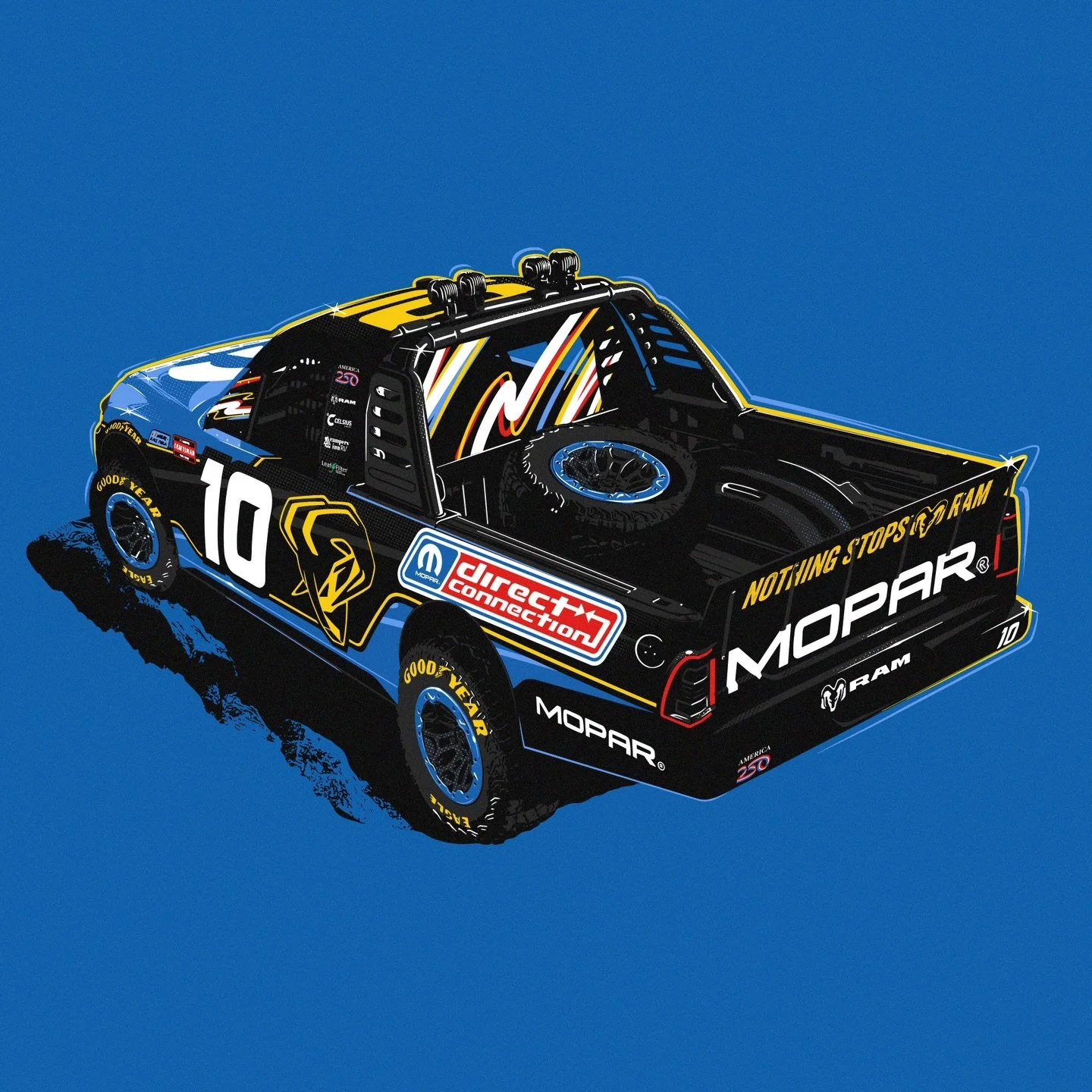 Illustrations of a few Kaulig Ram trucks I&rsquo;ve designed for the &lsquo;26 season.  Created with a blend of Procreate and Adobe Illustrator intended for graphic tees.  Extra proud of the Mopar race truck outfitted with all the off-road goodies 🏔