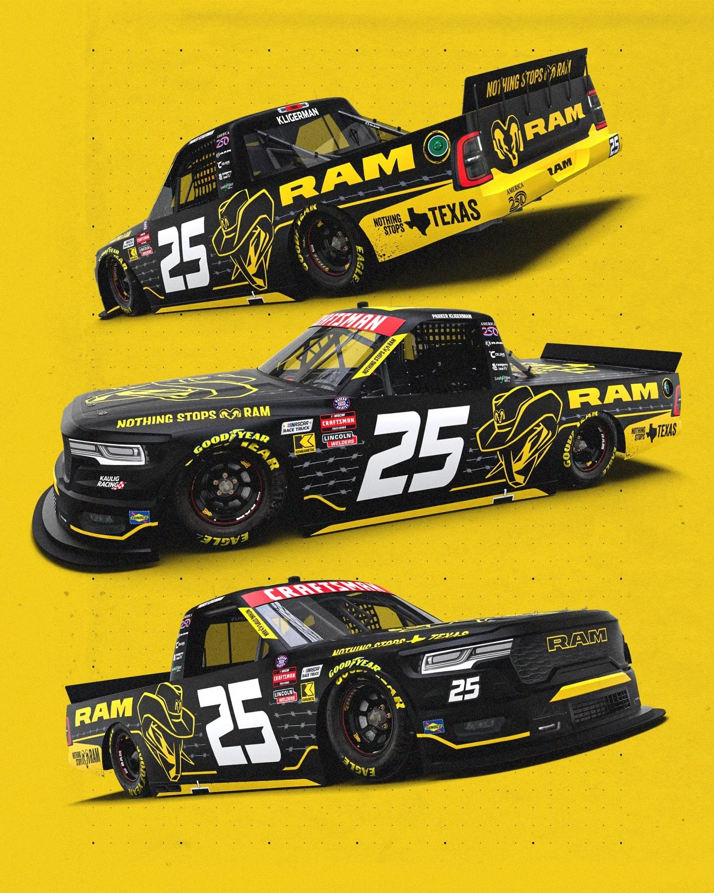 Fresh No. 25 scheme designed for Parker Kligerman at Texas.  Really cool that Ram gave me the freedom to make a special edition logo with the cowboy hat that ran across all 5 Kaulig trucks last weekend.