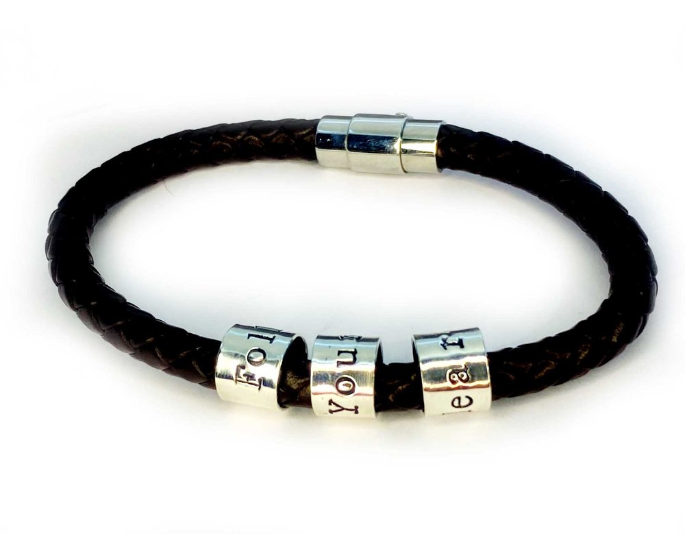 Men's Leather Bracelet with Custom name charms. — Jennywear Jewelry