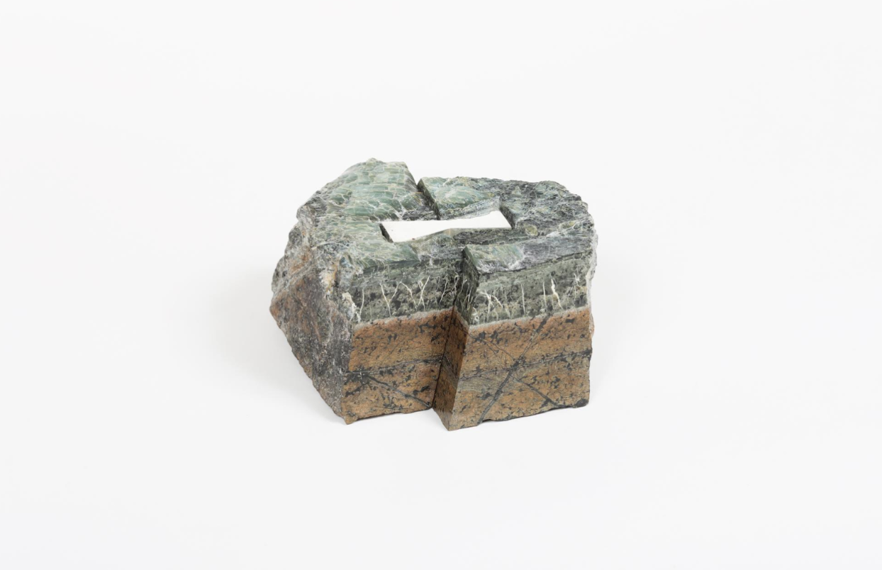 Model of Earth Fastener on a Transform Fault; 1”=10” , 2017 Serpentinized ultramafic rock, and silver 6 x 6 x 4 inches