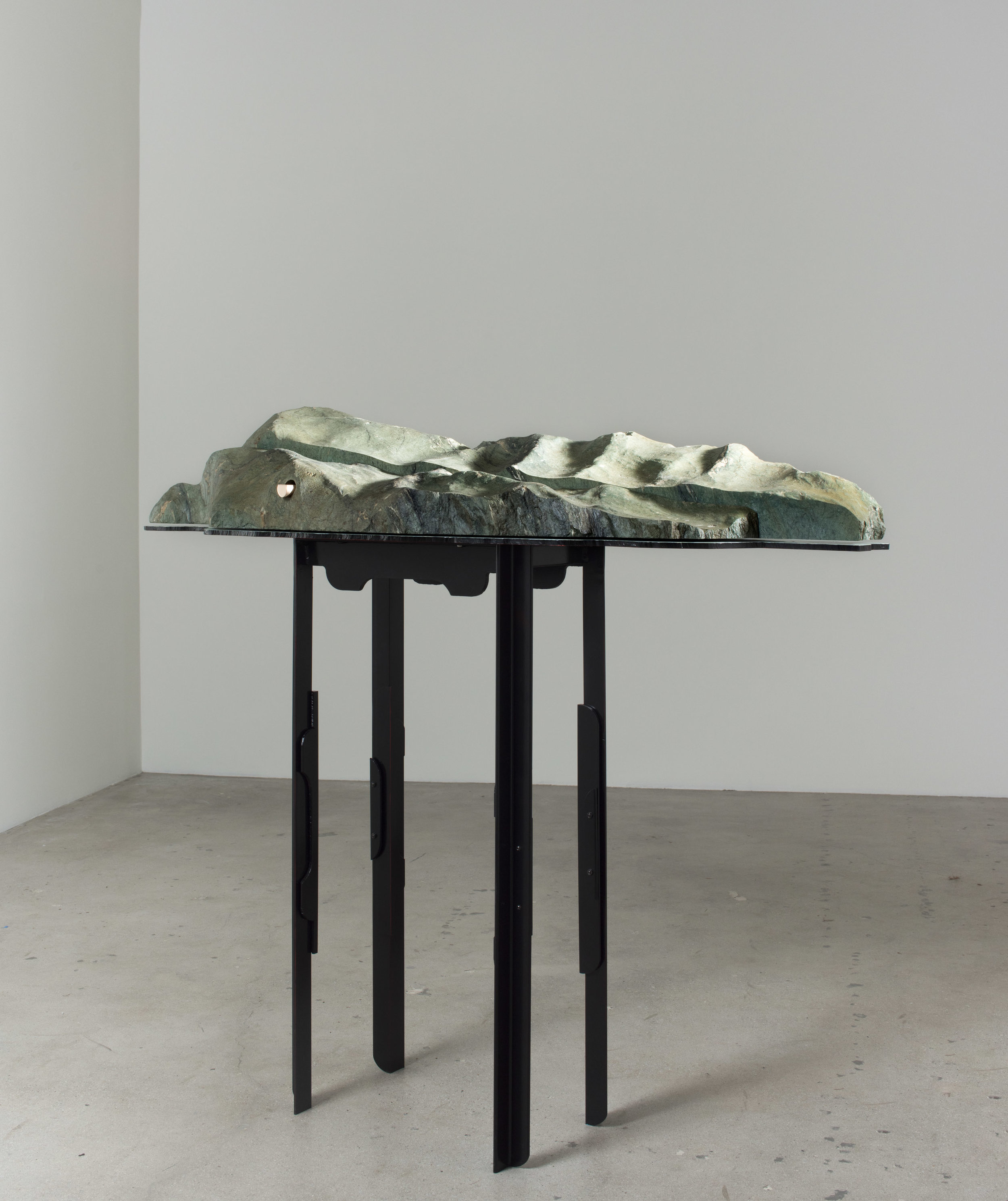   II Model of an Earth Fastener on the San Andreasm Fault , 2019 Steel, enamel, greenschist, and bronze 52 x 64 x 16 inches 