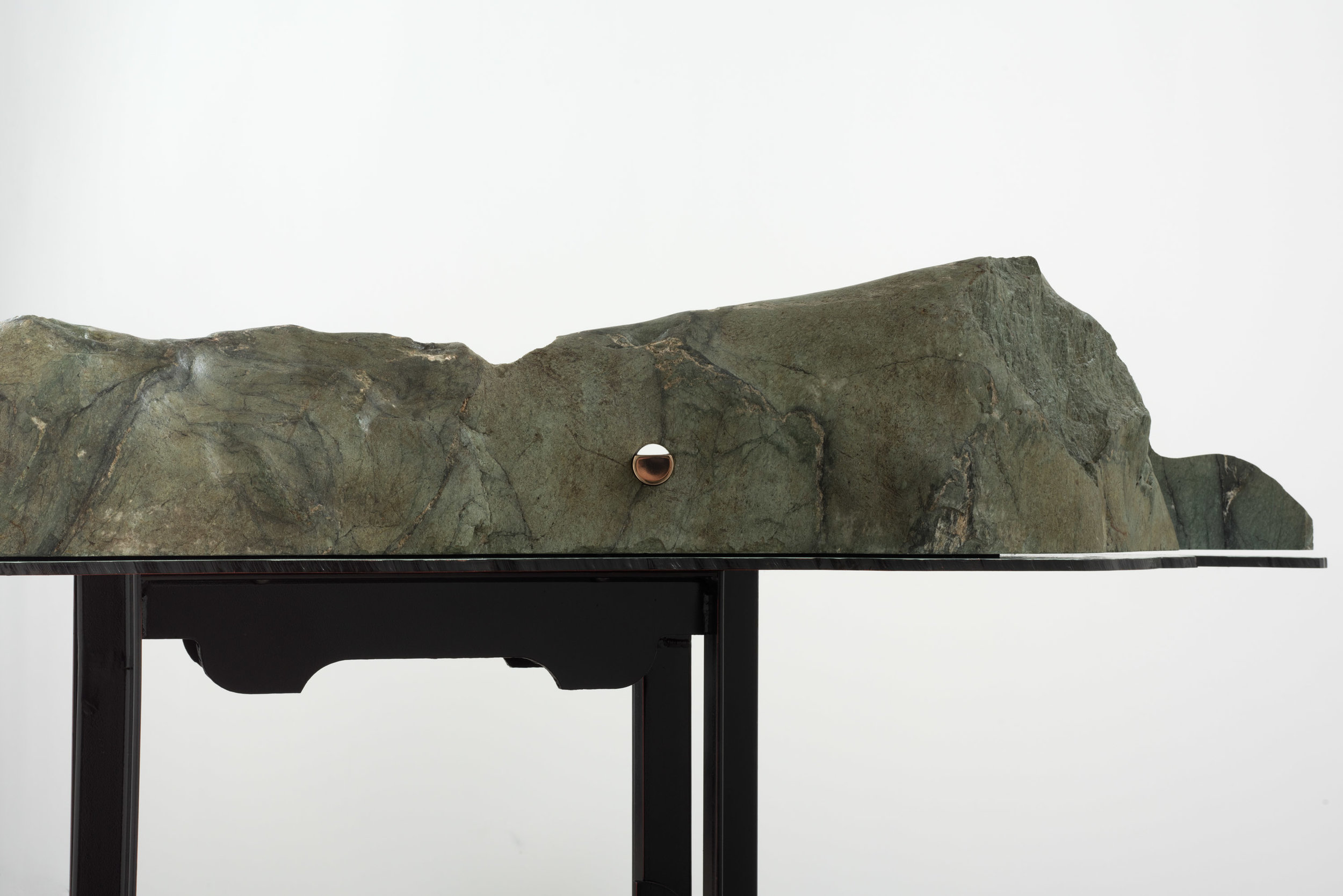   II Model of an Earth Fastener on the San Andreasm Fault , 2019 Steel, enamel, greenschist, and bronze 52 x 64 x 16 inches 