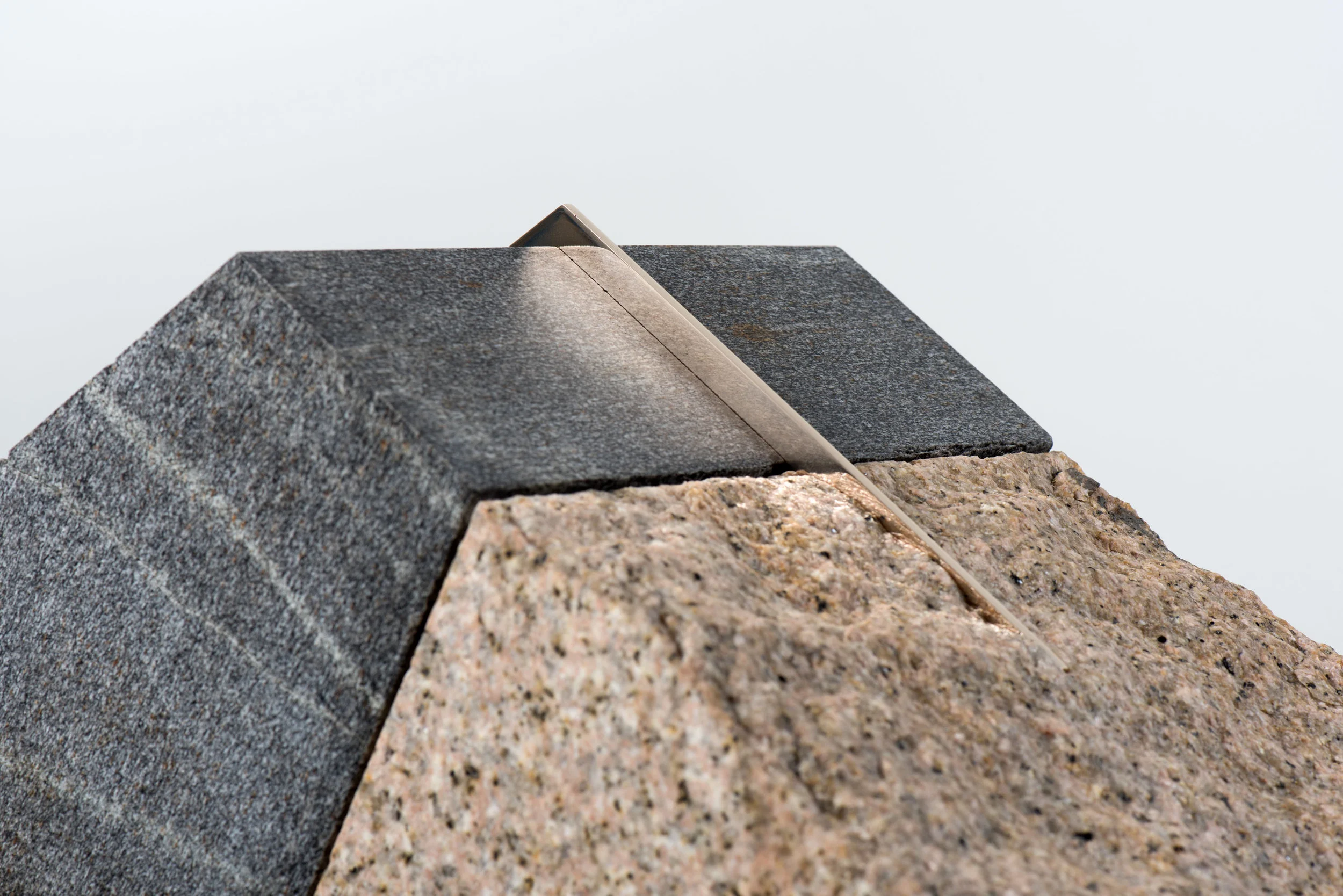 V Model of an Earth Fastener on San Gorgonio Mountain , (detail) 2019 Steel, enamel, gneiss, granite, and bronze 59 1/2 x 37 x 11 1/2 inches