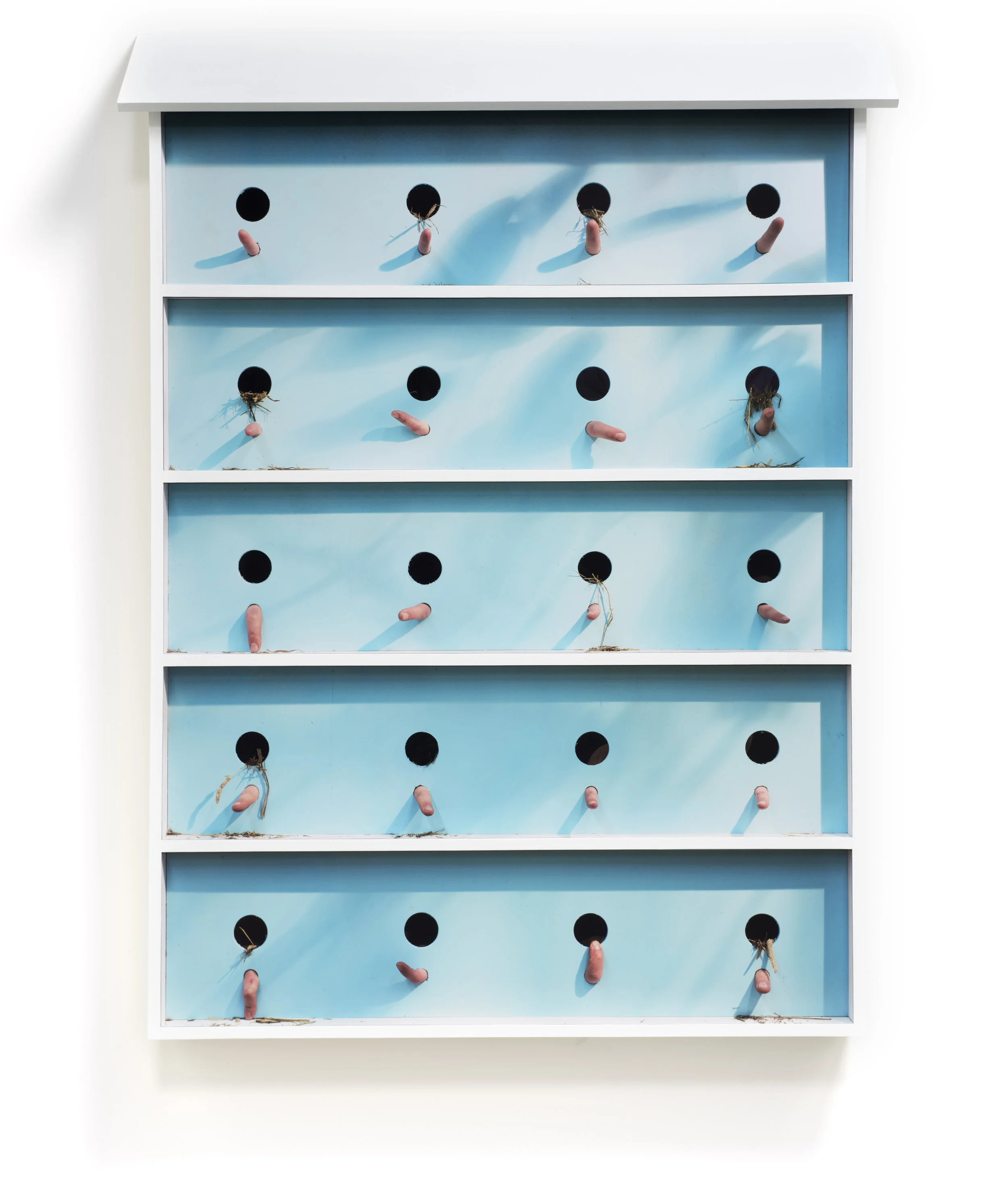 The Early Worm , 2019 Archival pigment prints, wood, and acrylic paint 59 x 41 1/4 x 7 inches