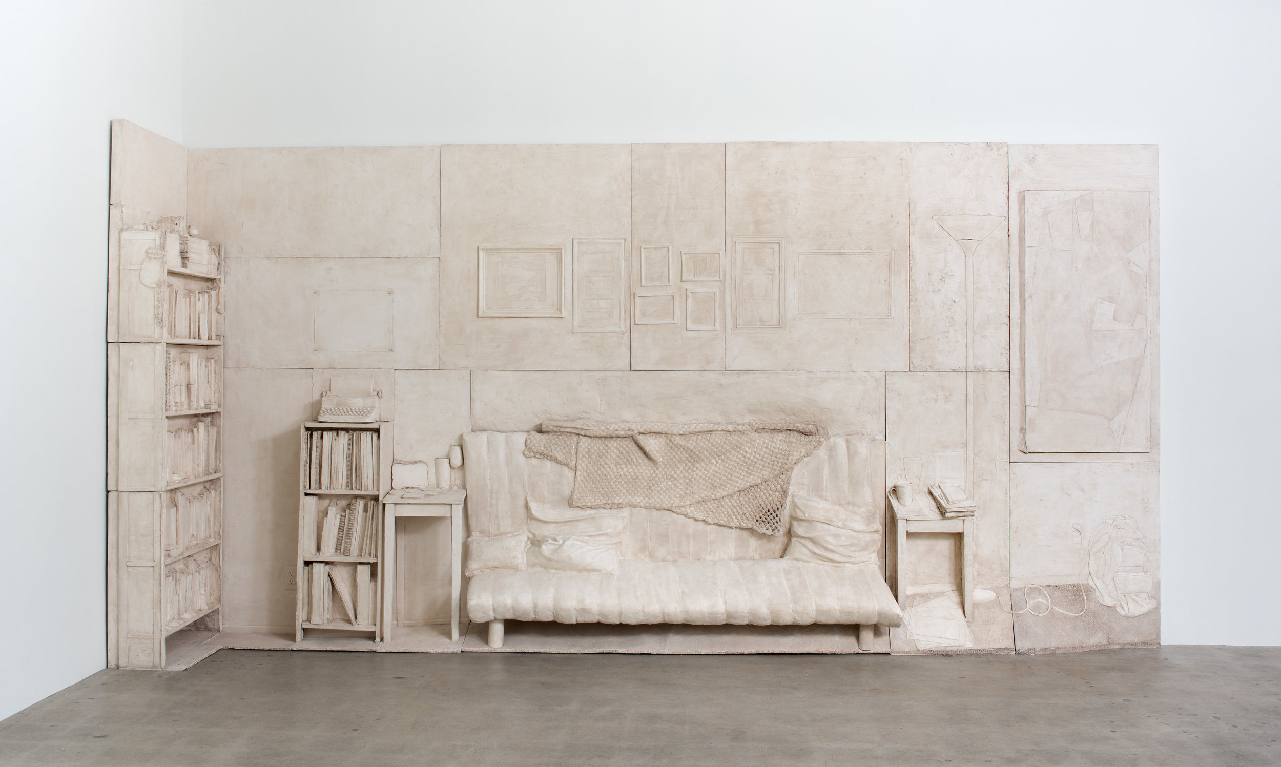   Live/Work , 2019 Gypsum cement, burlap, and wood 96 x 192 x 36 inches 