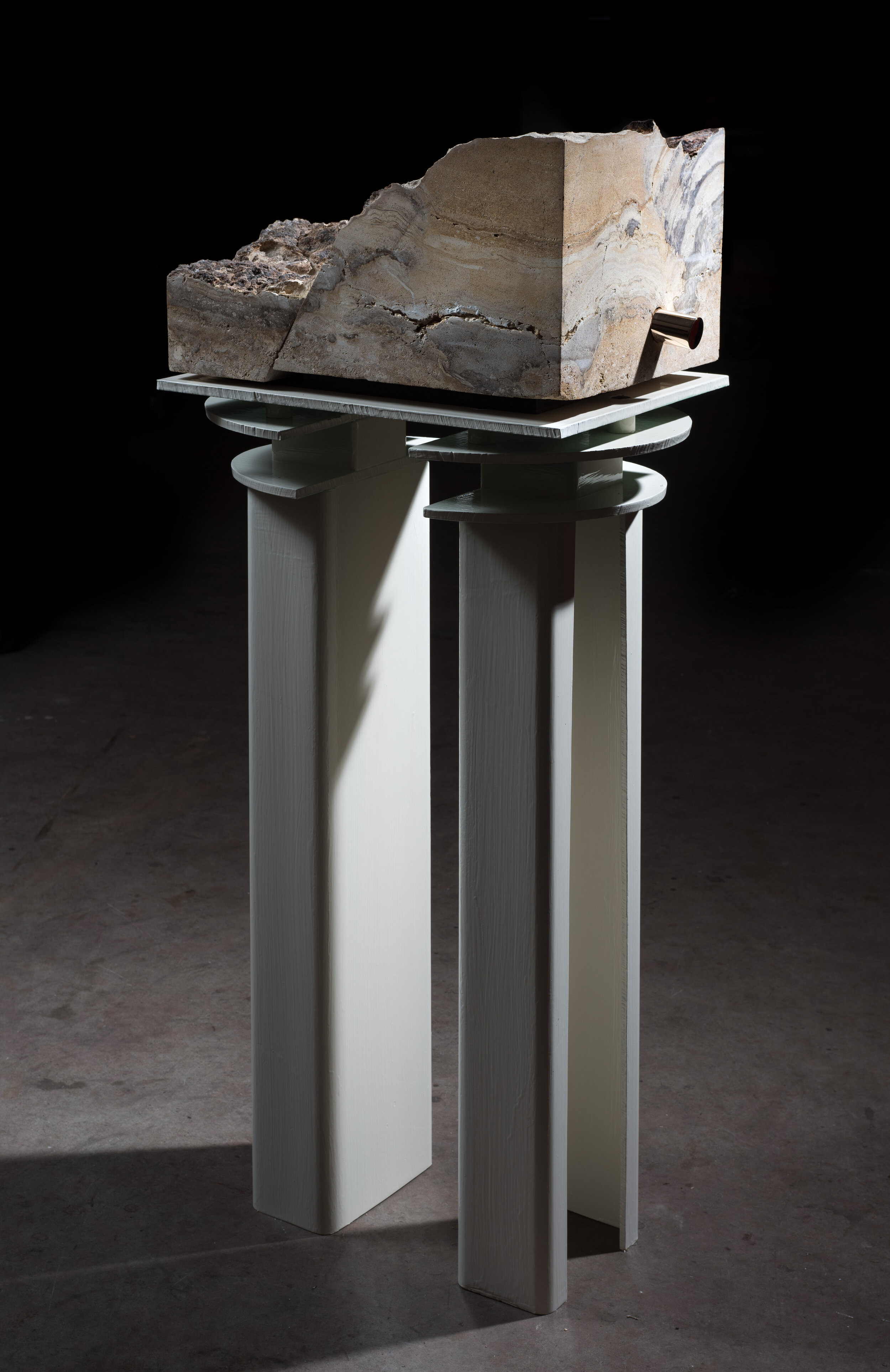  Kylie White  Model of an Earth Fastener on the Hierapolis Fault (Plutonion) , 2019 Steel, enamel, limestone, and bronze 43 x 20 x 13 inches Unique KYWH-0020 