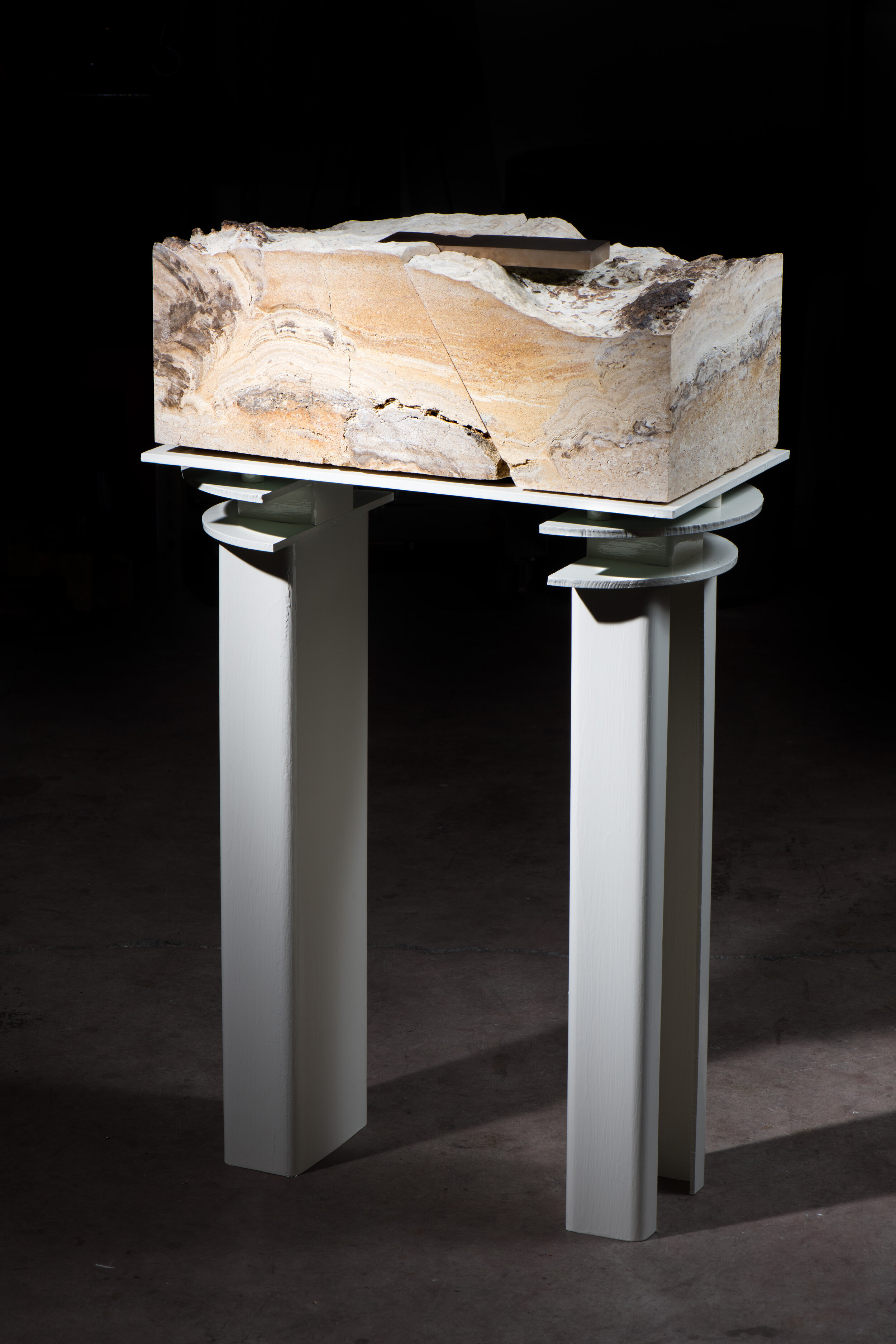   Model of an Earth Fastener on the Delphi Fault (Temple of Apollo) , 2019 Steel, enamel, limestone, and bronze 43 x 27 x 14 inches 109.2 x 68.63 x 35.6 cm Unique KYWH-0019 