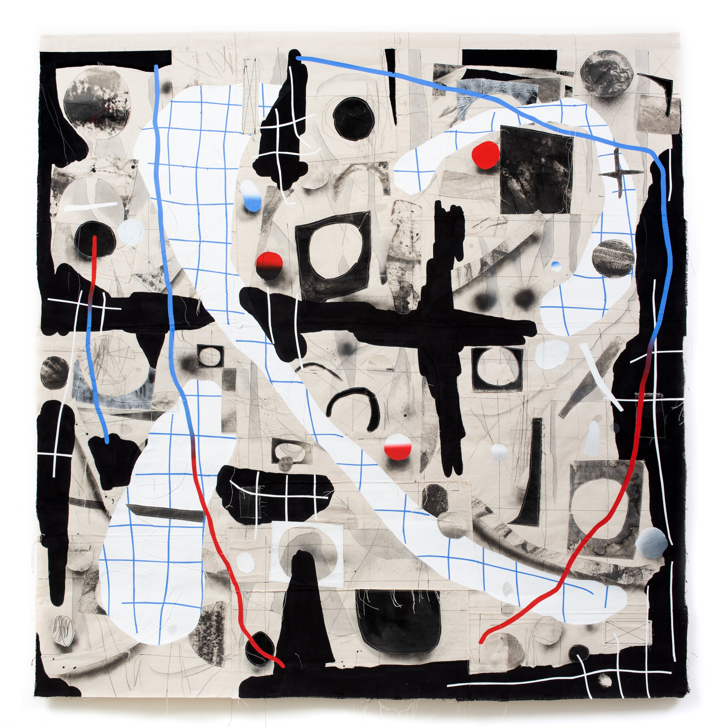   Multiverse I , 2020 Flashe, acrylic, graphite, thread, and canvas on canvas 74 x 72 x 2 inches 