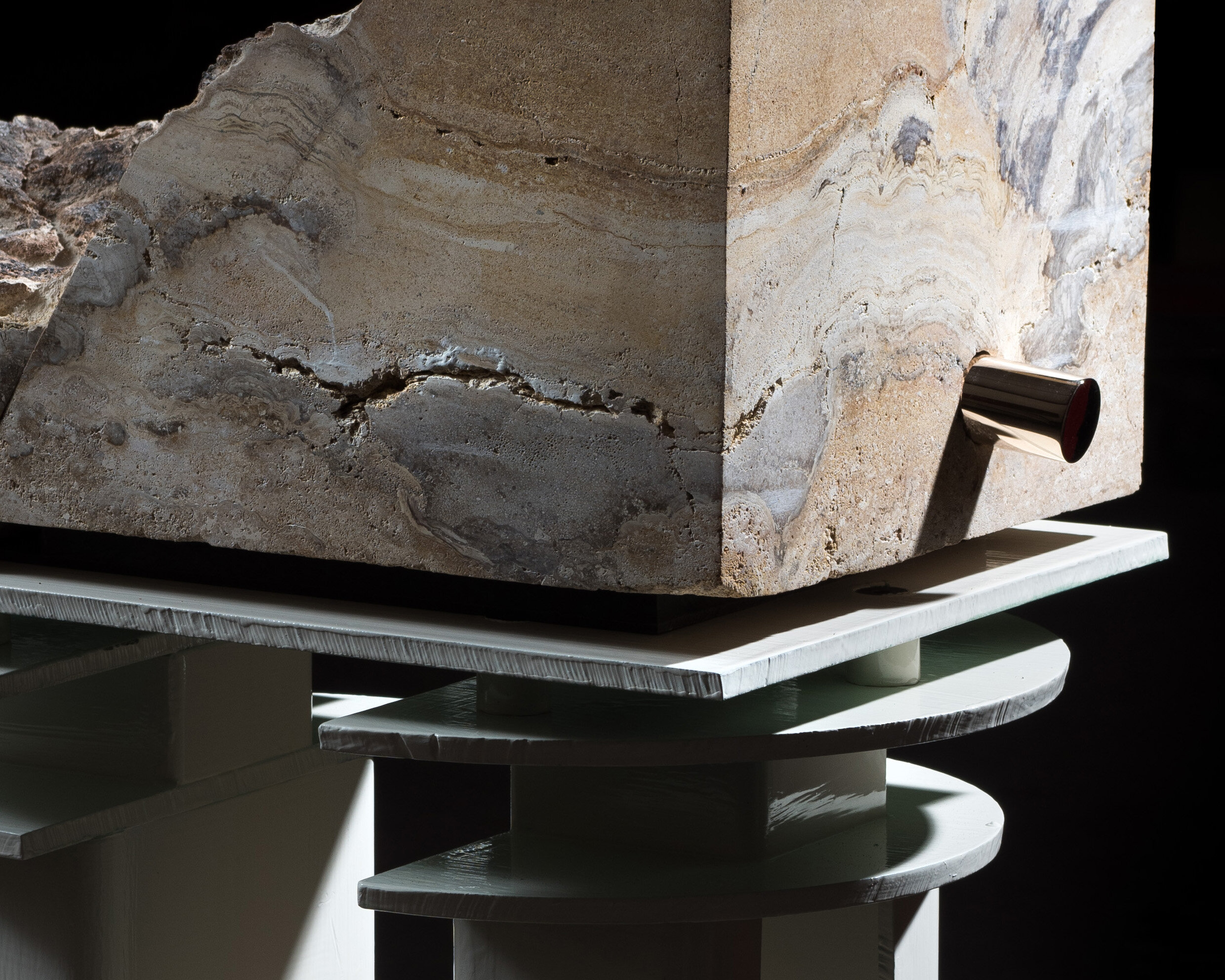   Model of an Earth Fastener on the Hierapolis Fault (Plutonion)  (detail), 2019 Steel, enamel, limestone, and bronze 43 x 20 x 13 inches Unique 