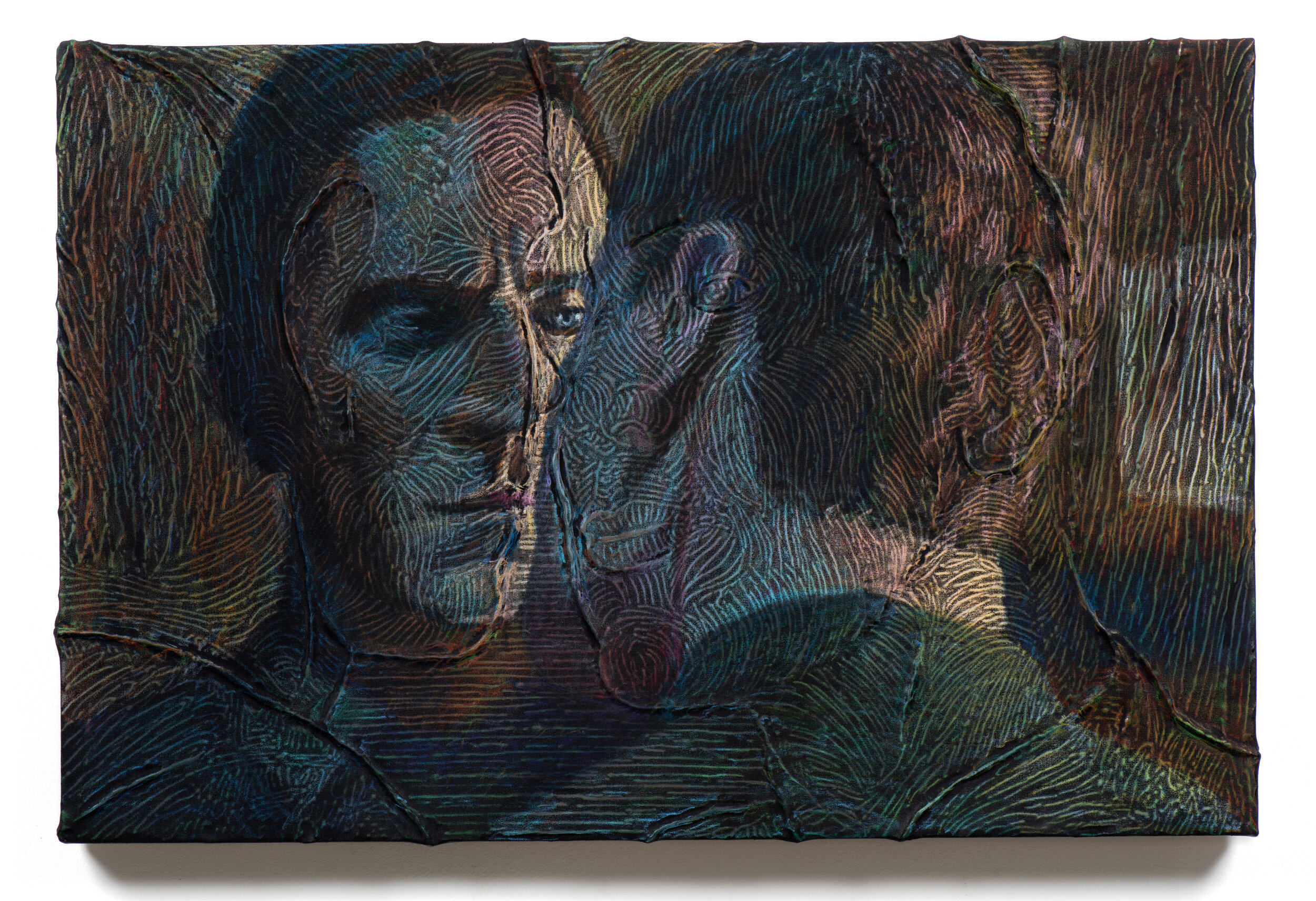   No One Will Ever Love You Like I Do (Double Fassbender Kiss in Alien: Covenant) , 2020  Pastel and acrylic on canvas over board  24 x 36 inches 