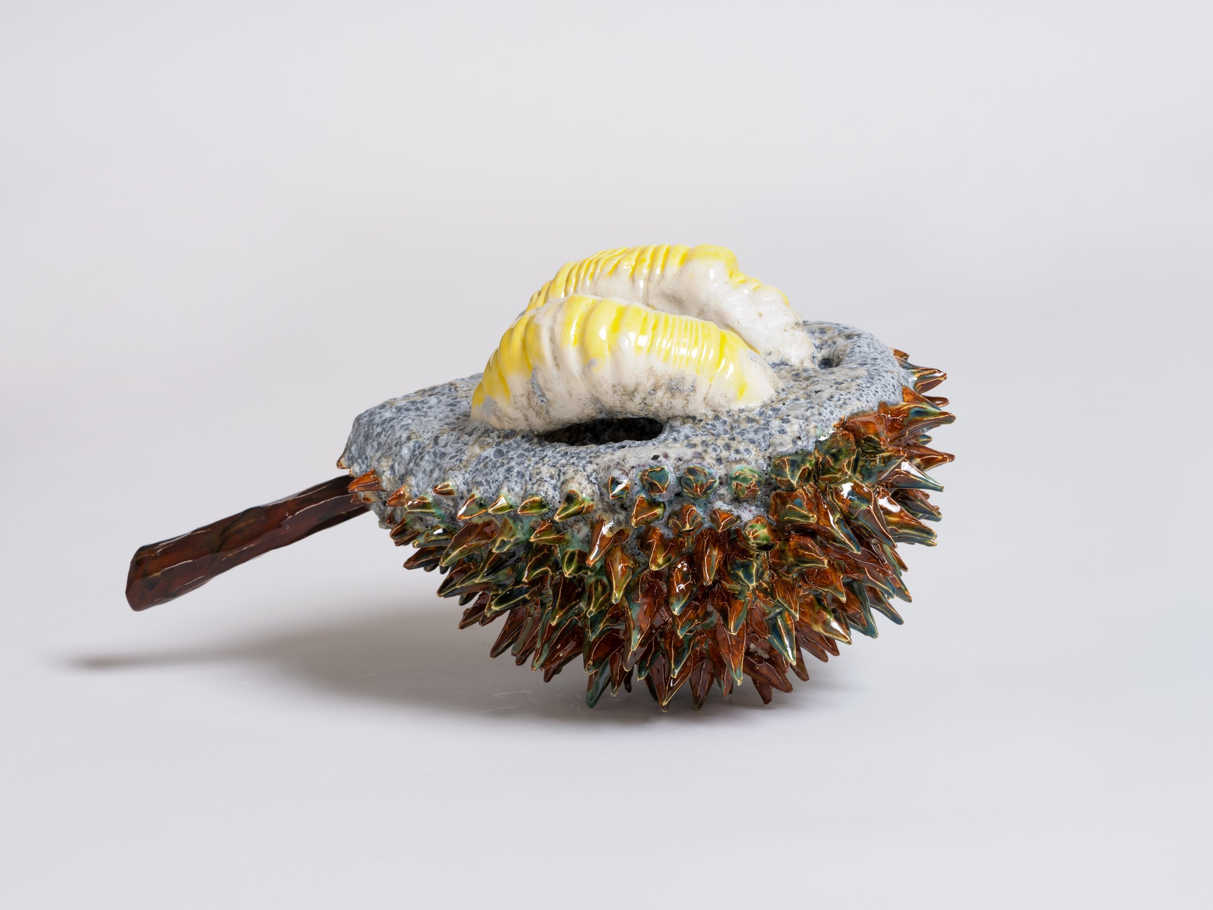   Open Durian , 2022  Glazed stoneware and porcelain  17 x 10 x 9 inches (43 x 25 x 22 cm)&nbsp; 