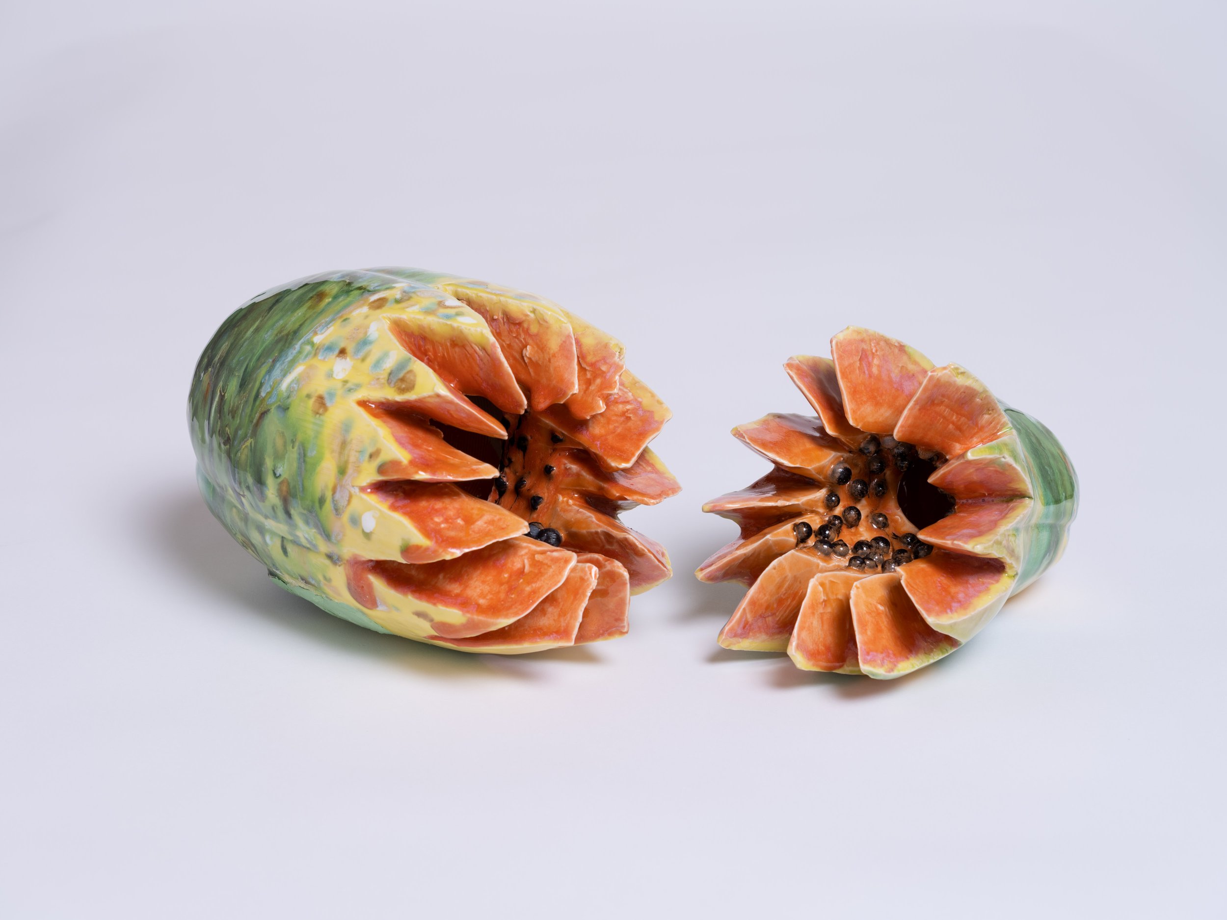   Cut Papaya , 2022  Glazed porcelain  10 x 7 x 7 inches ; 9 x 7 x 7 inches (25 x 17 x 17 cm; 15 x 12 x 10 cm)&nbsp; 