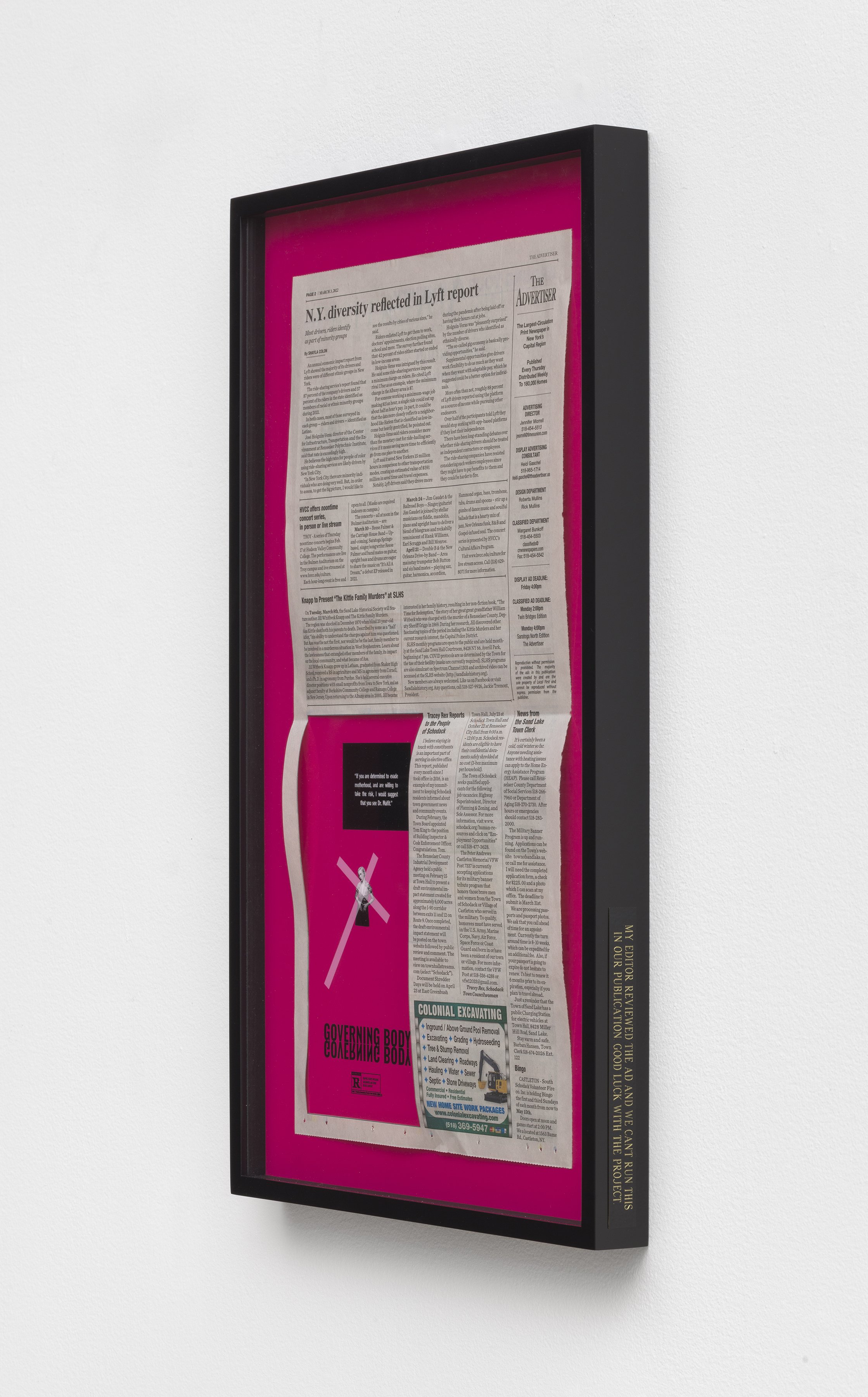   My editor reviewed the ad and we can’t run this in our publication. Good luck with the project.  (side view), 2022 Newspaper, poster, and plaque 23 x 13 inches&nbsp;     ABOUT MOTION PICTURE DIVISION   