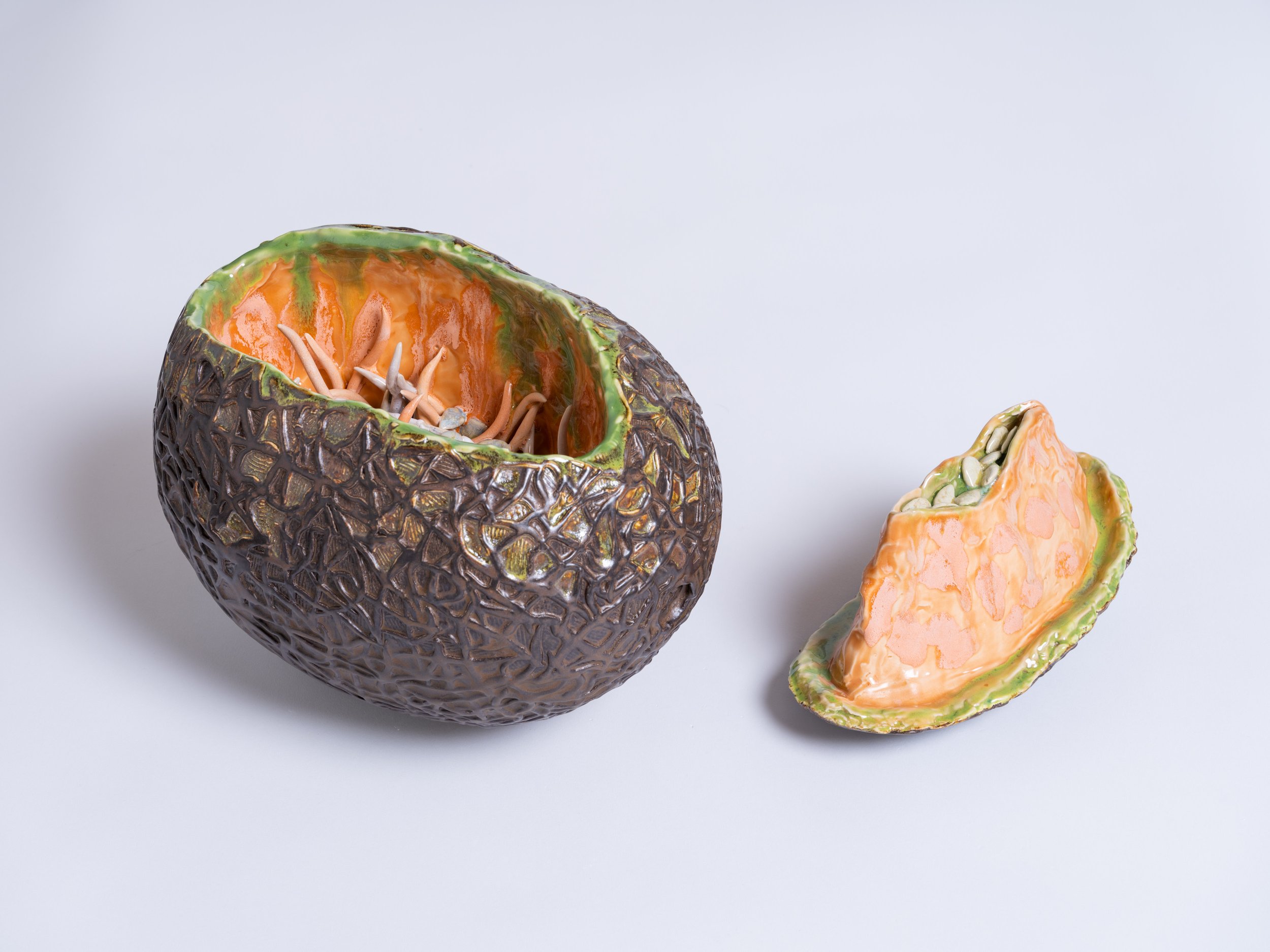   Open Cantaloupe , 2022 Glazed porcelain 12 x 10 x 8 inches; 10 x 5 x 4 1/2 inches&nbsp; 