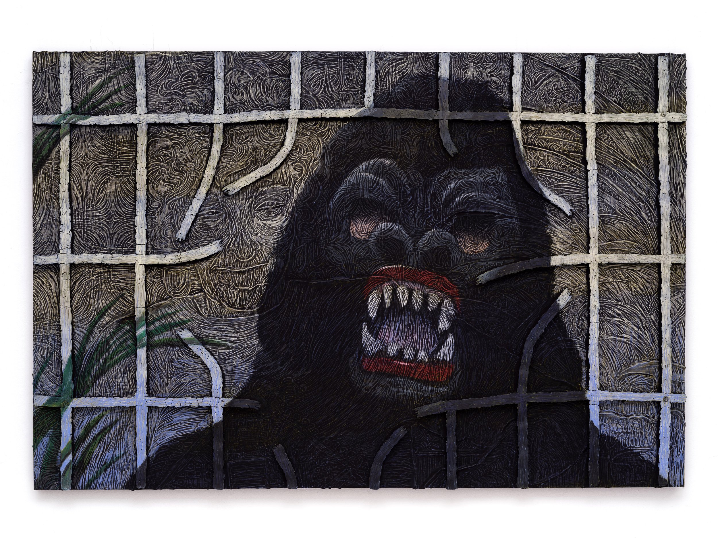  Guerilla Girl / Lucy Lippard , 2023 Hot glue, wax pastel, screws and&nbsp;bleached black canvas on wood panel 40 x 60 x 7 inches 
