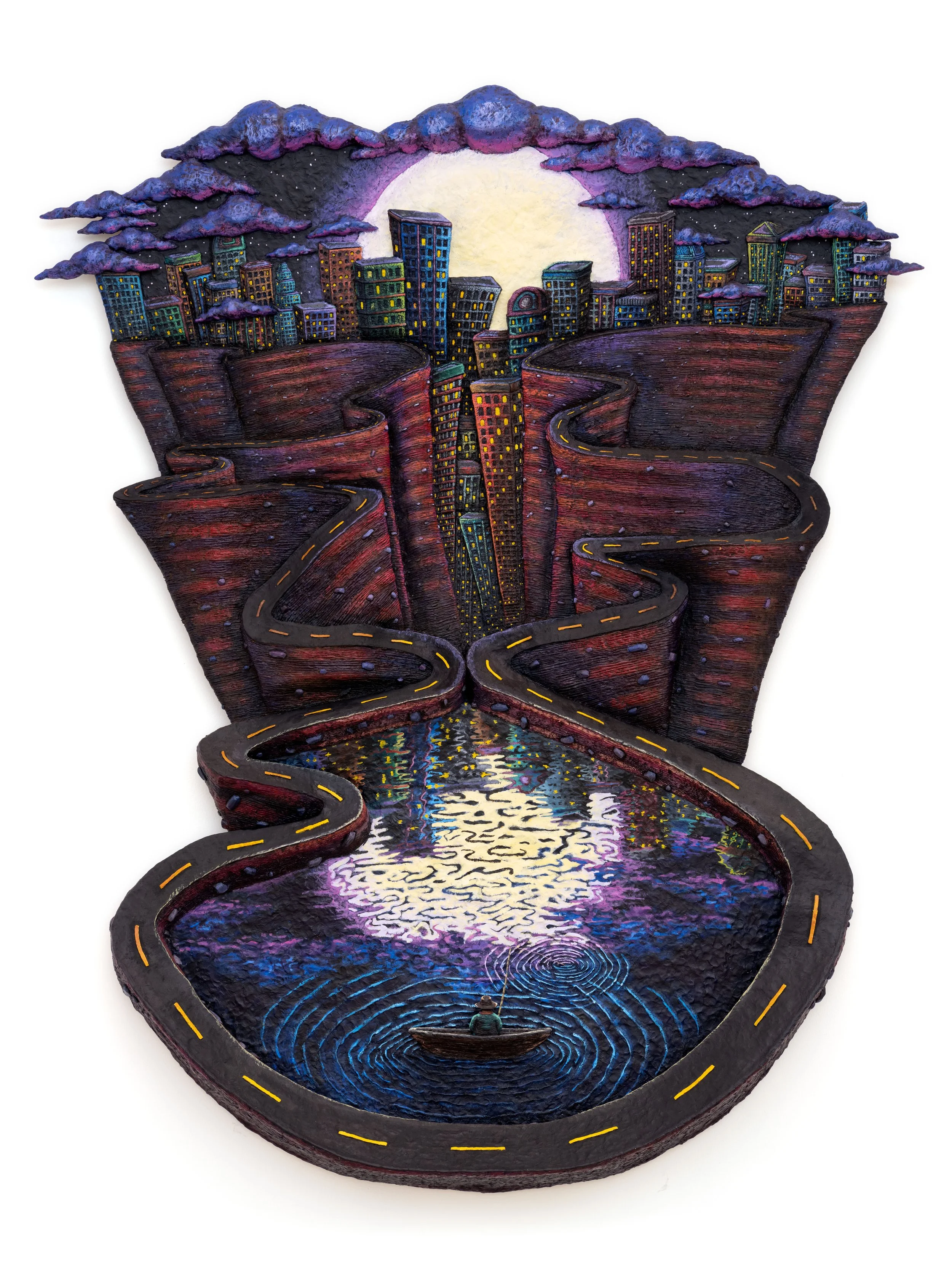 Fishing at Night , 2023 Cardboard, wood, epoxy resin, acrylic paint, and wire 75 x 61 x 7 in.
