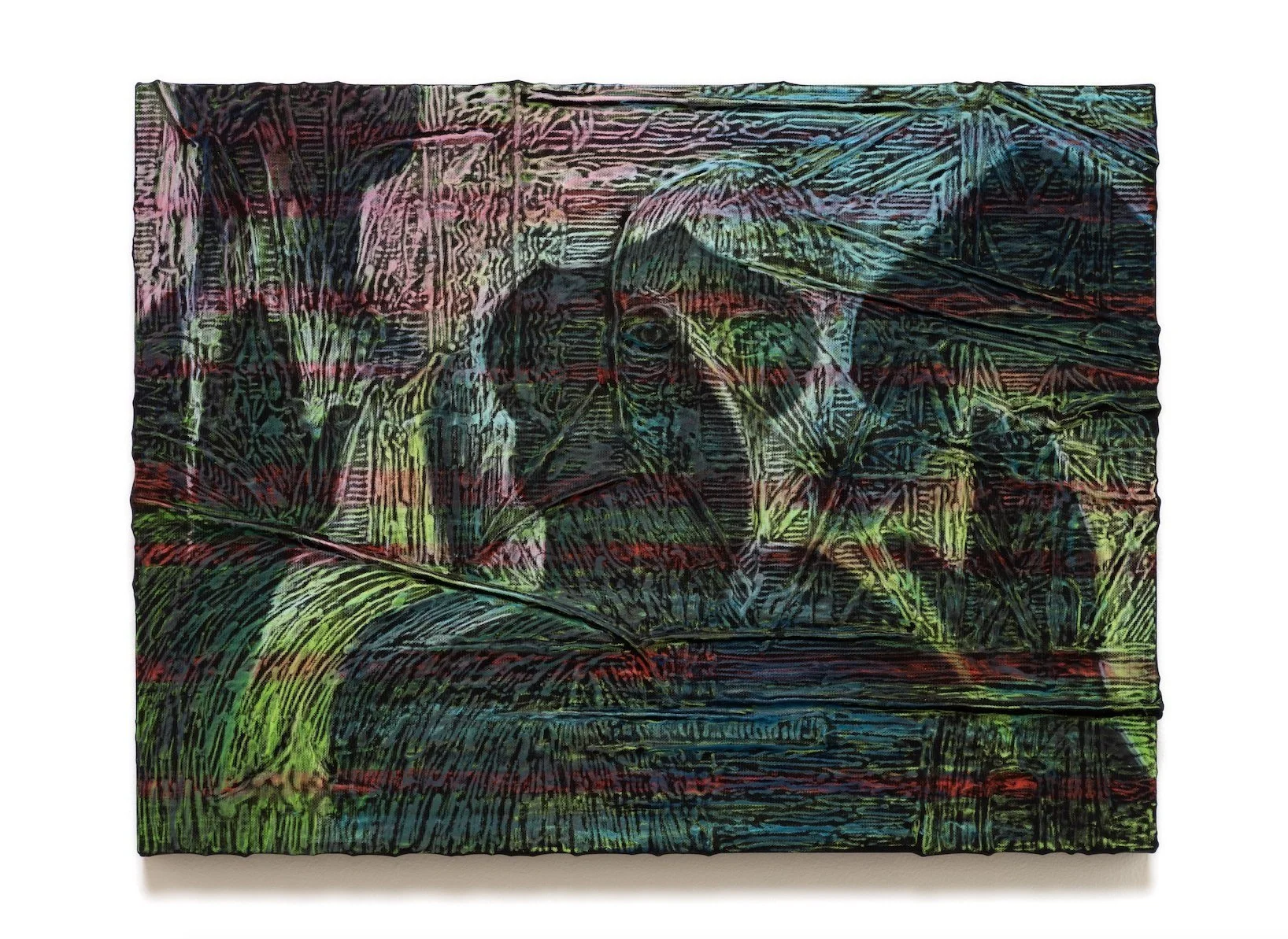 Ernesto Renda COPS , 2024 Hot glue, wax pastel, and black canvas on wood panel 18 x 24 x 1¾ inches