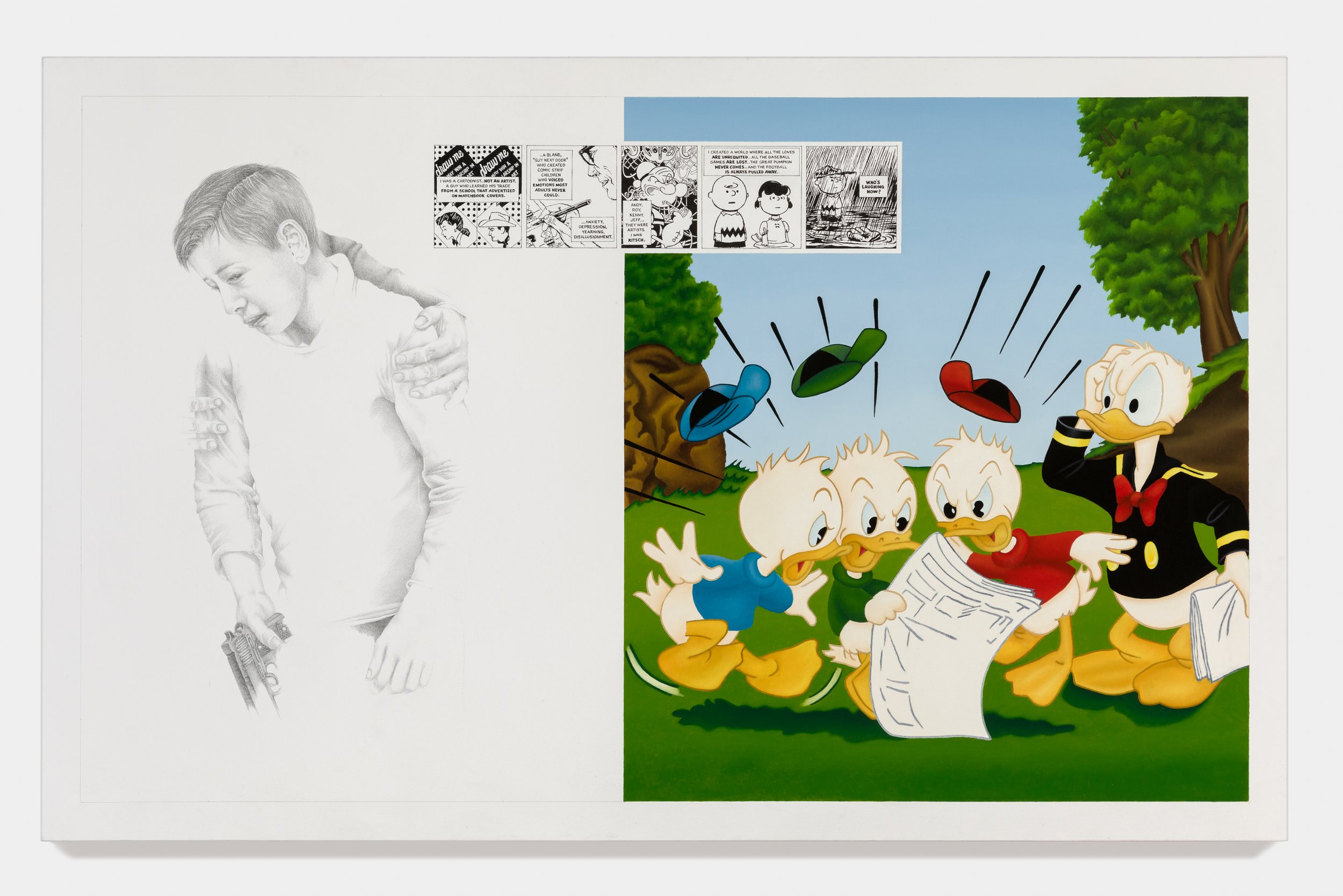   A Good Man; Homage to Charles Schulz , 2013 Oil, graphite and ink on canvas 40 x 64 x 1 1/4 inches 