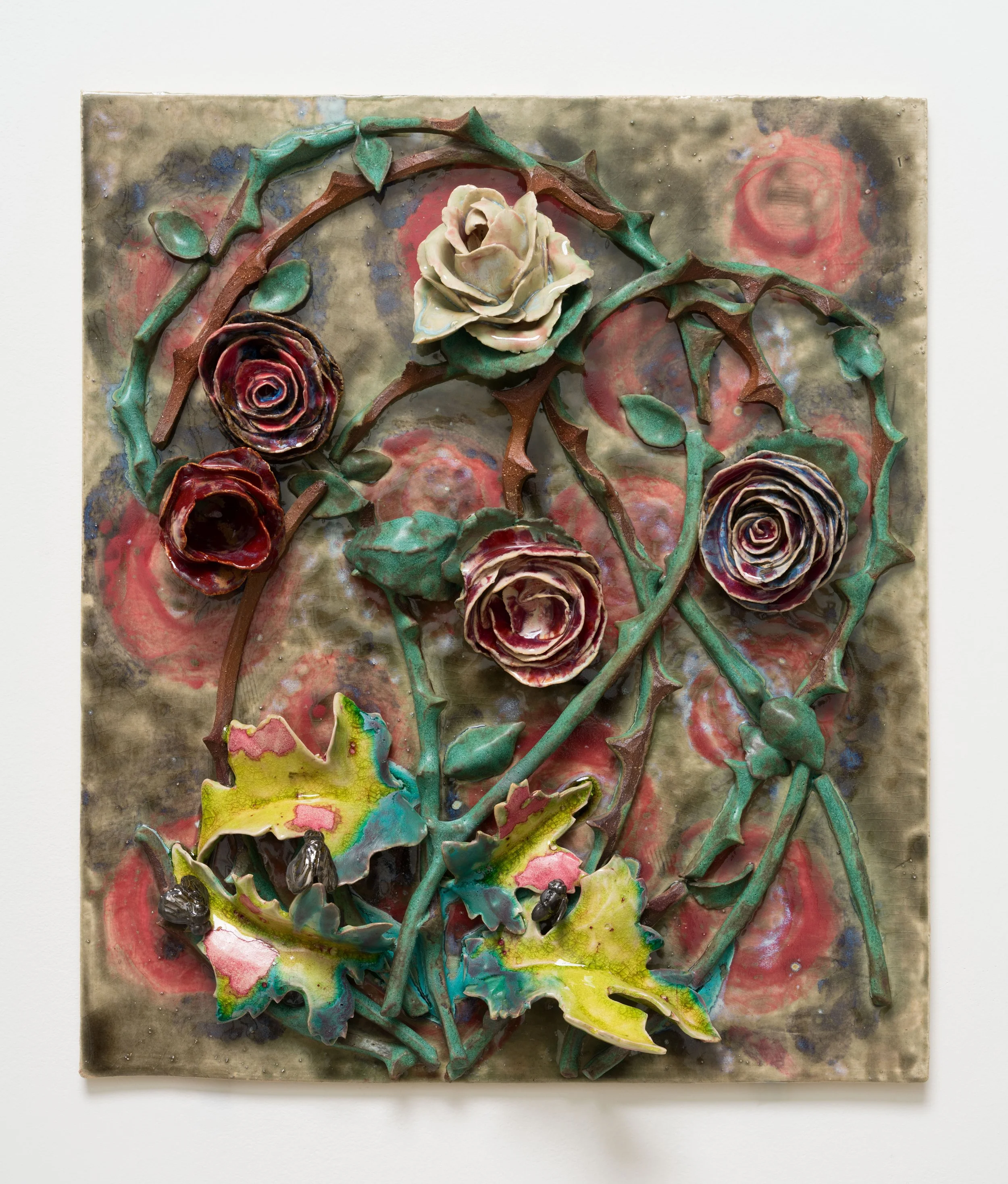   Still Life of Roses, with Flies and Leaves , 2025 Glazed ceramic 19 x 16 1/2 x 4 inches&nbsp; 