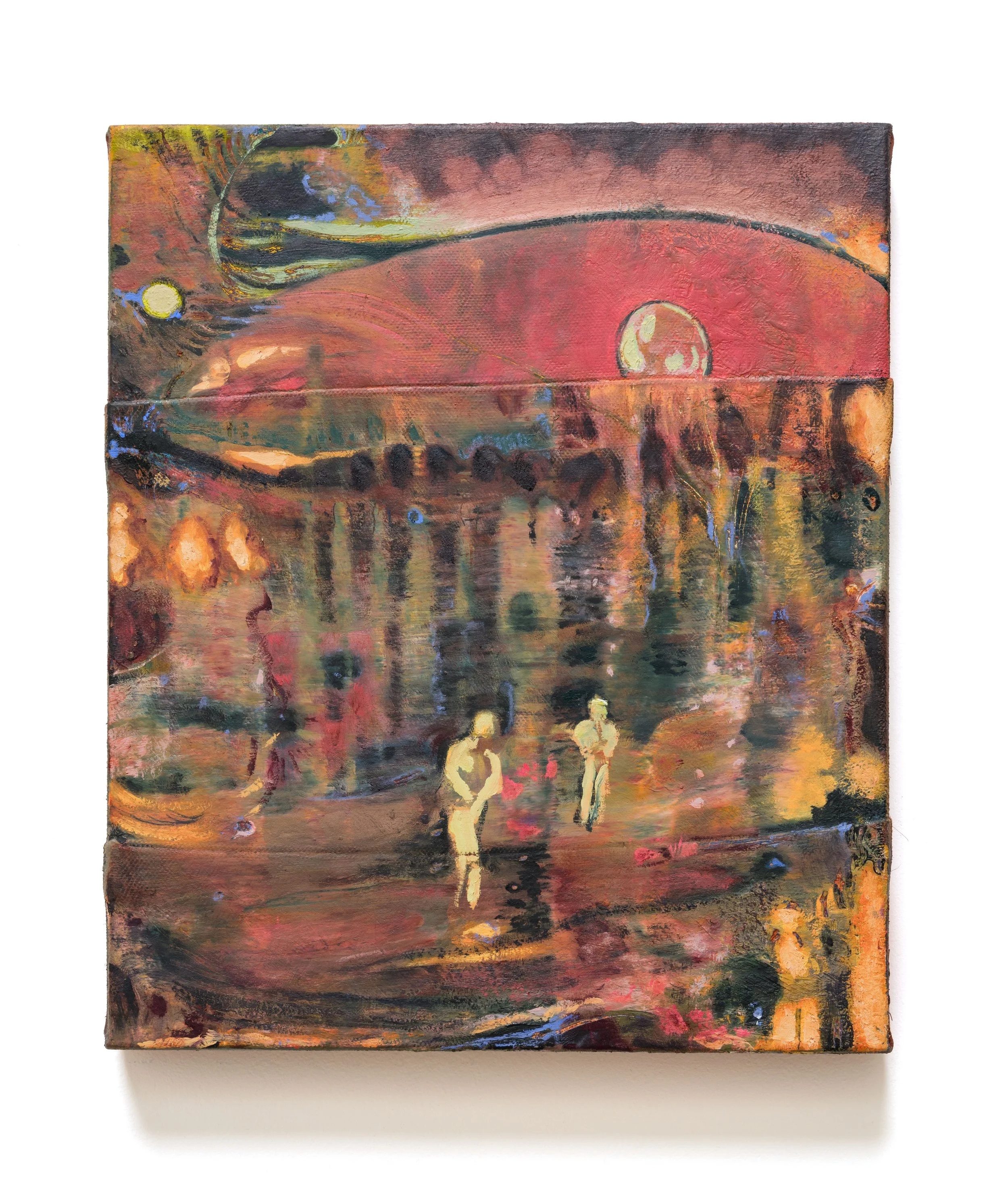   Homebringing , 2025 Oil on sewn canvas with madder root 14 x 12 x 1 1/2 inches 