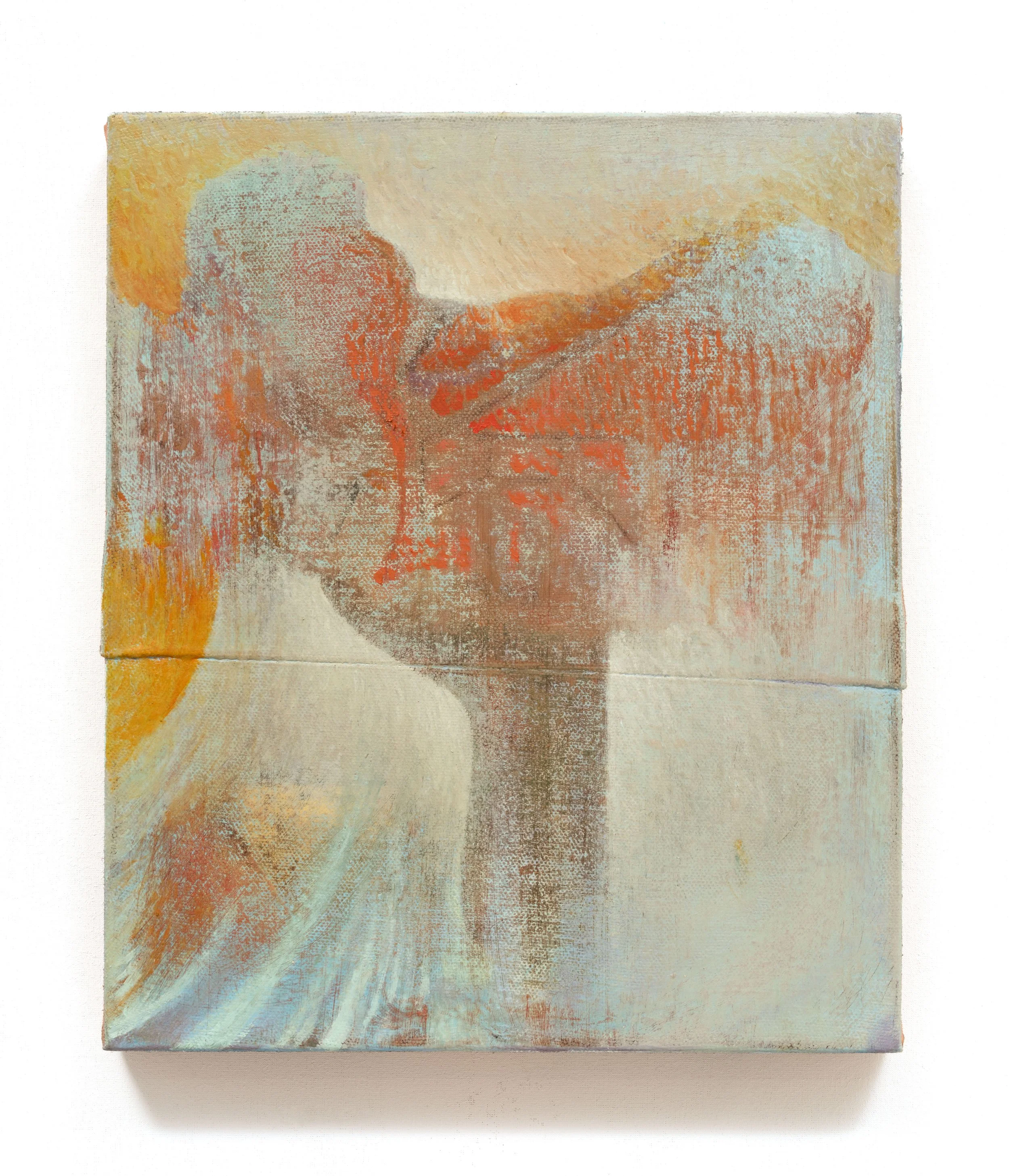   Tower of Experience , 2025 Oil on sewn canvas with cutch 14 x 12 x 1 1/2 inches 